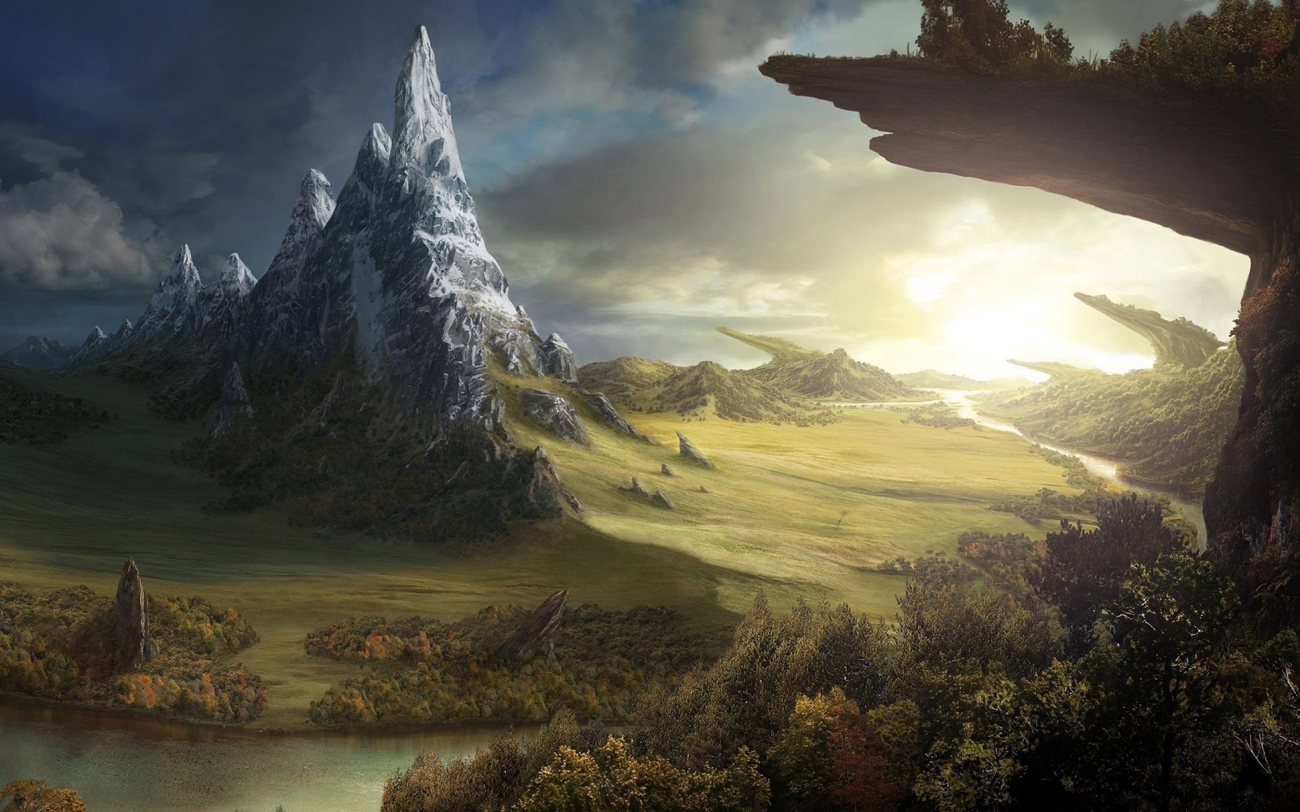 Montagna, Valle, Scogliera, Paesaggio fantasy, 2560x1600, immagine di sfondo