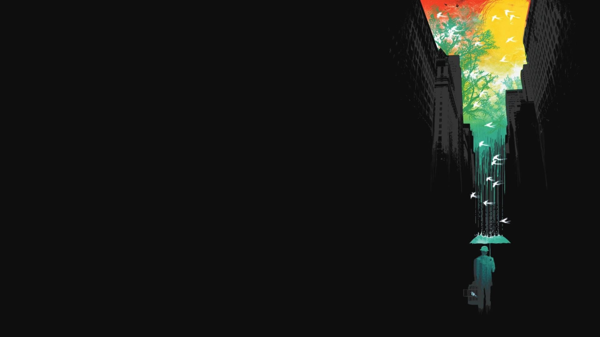 Vicolo, Ombrello, Colori, Illustrazione, Sfondo nero, 1920x1080, wallpaper desktop