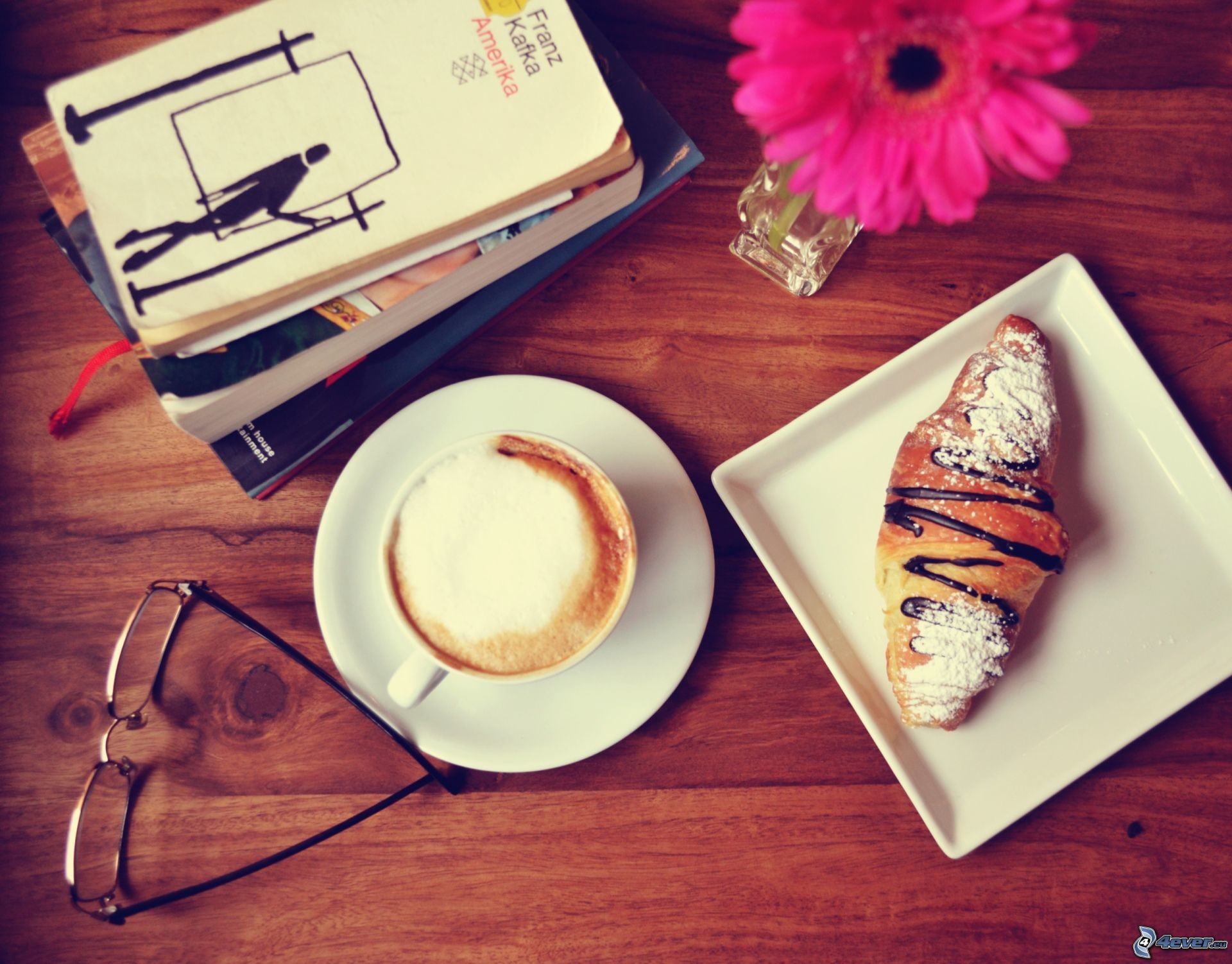 Libri, Cappuccino, Croissant, Occhiali, Colazione, Full HD, sfondo per PC e portatile