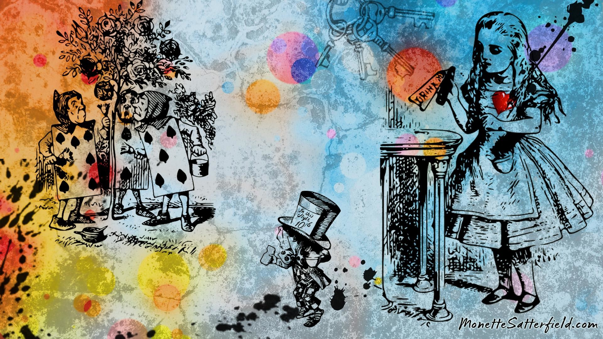 Alice, Cappellaio Matto, Soldati carta, John Tenniel, Acquerello, sfondo Full HD per computer