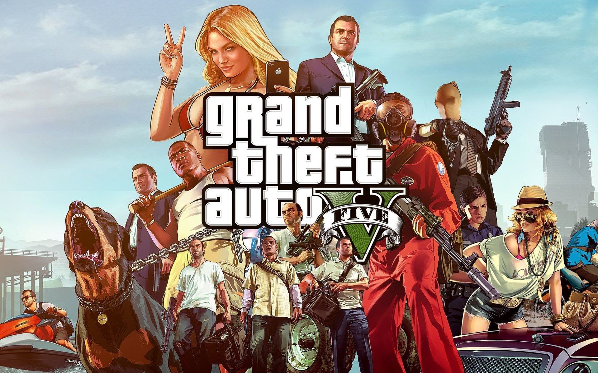 Grand Theft Auto V, Logo, Personaggi, Chop, 16:10 Full HD, sfondo widescreen