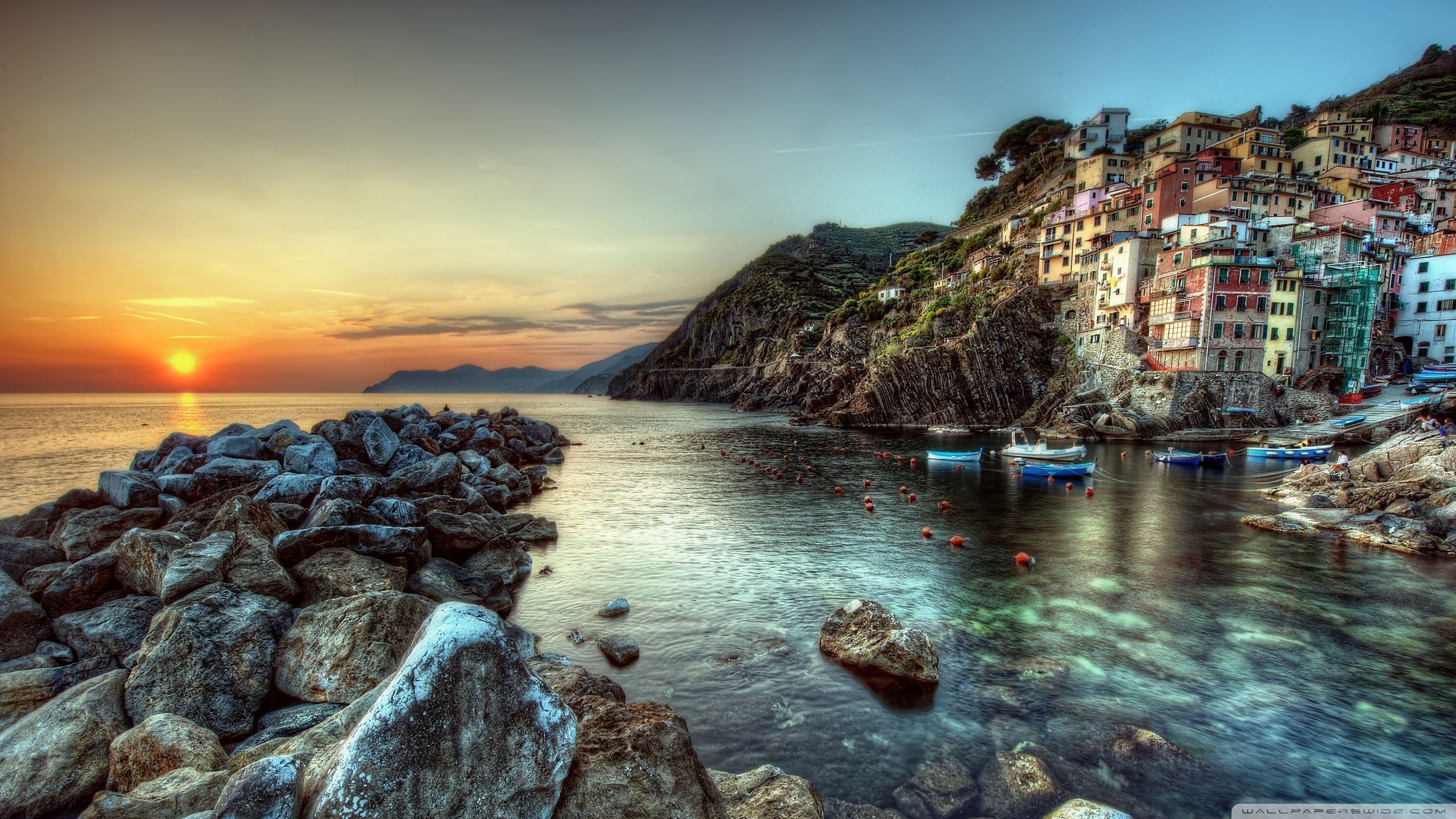 Riomaggiore, Cinque Terre, Tramonto, Scogli, HDR, 16:9 2K, sfondo widescreen