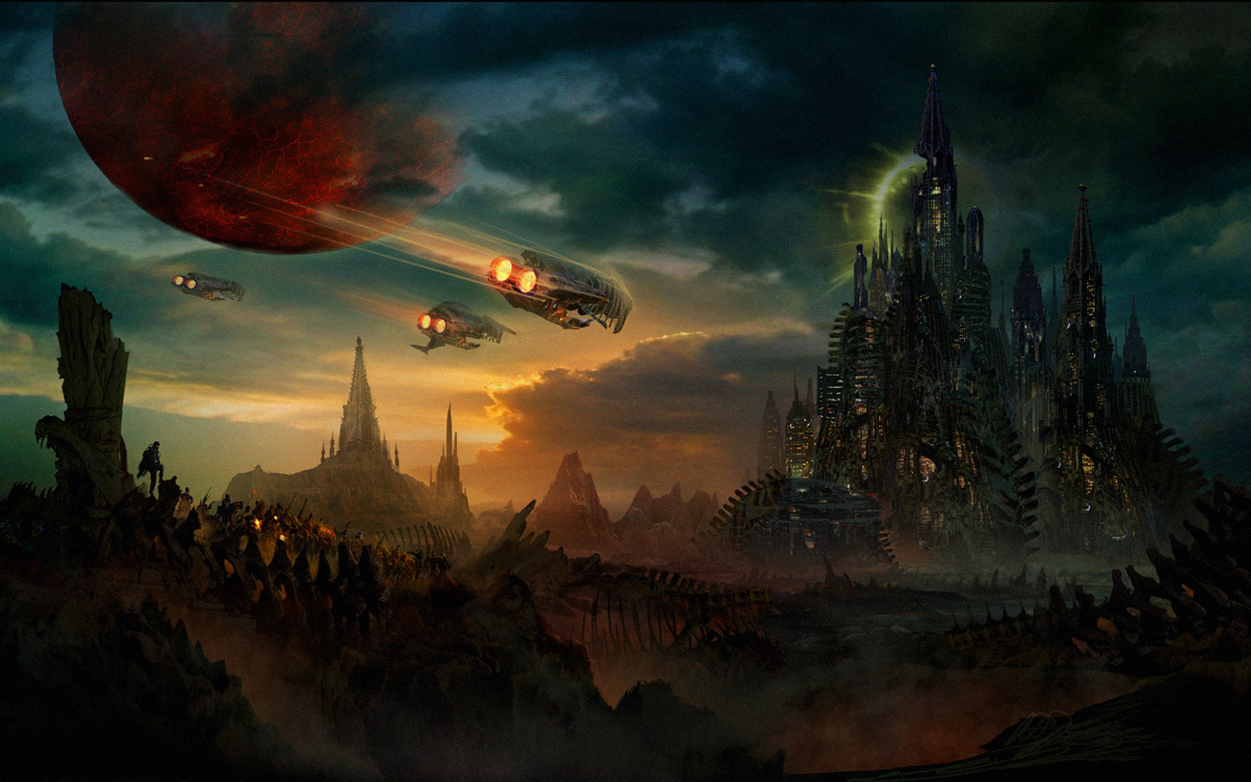 Castello oscuro, Astronavi, Pianeta rosso, Fantascienza, 2K, wallpaper desktop