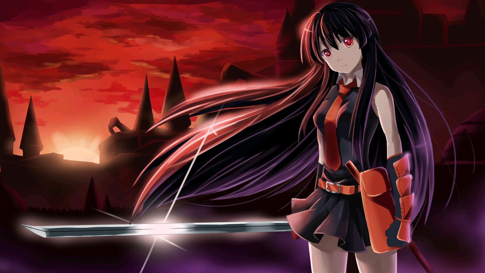 Akame, Akame ga Kill!, Murasame, Tramonto rosso, Full HD, sfondo Windows 11