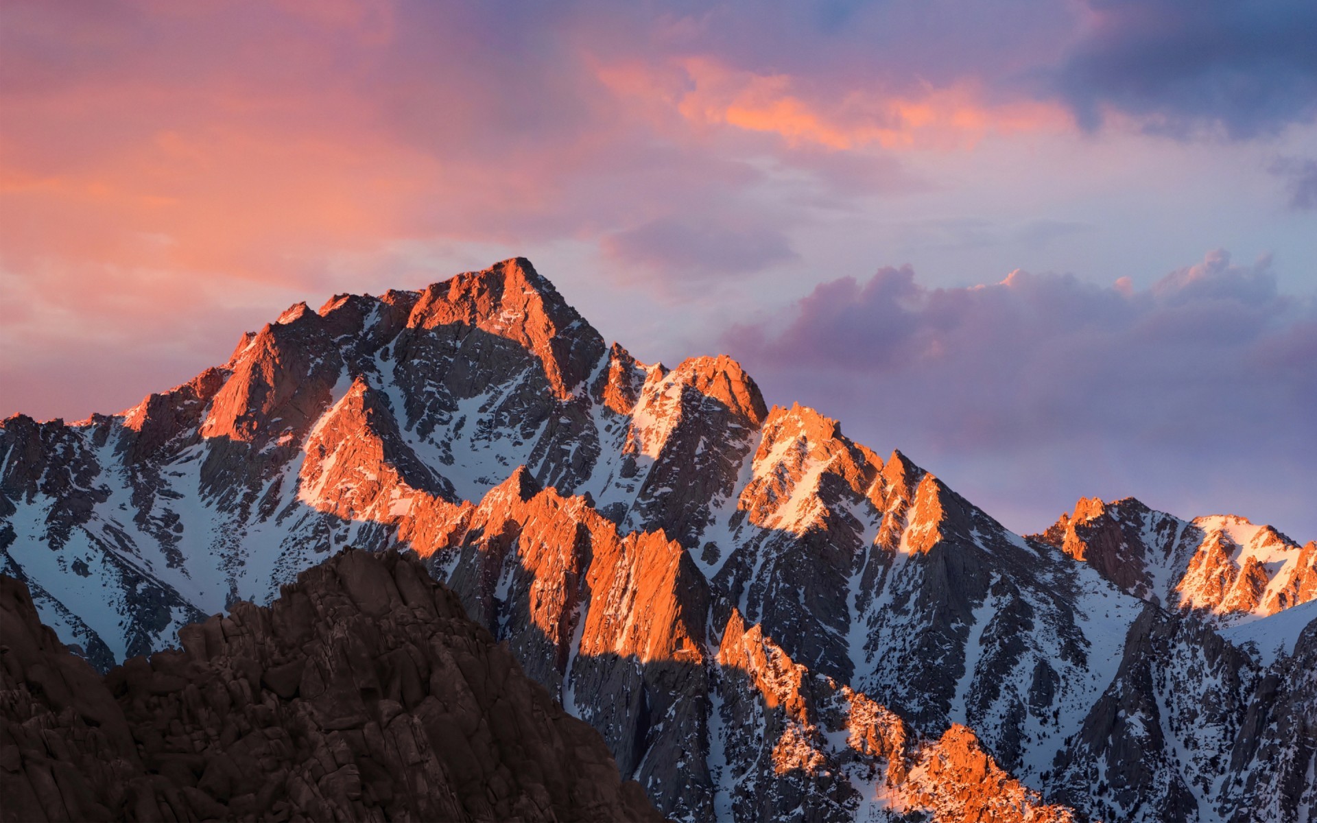 OS X Sierra, Montagne, Tramonto, Neve, Full HD, sfondo desktop