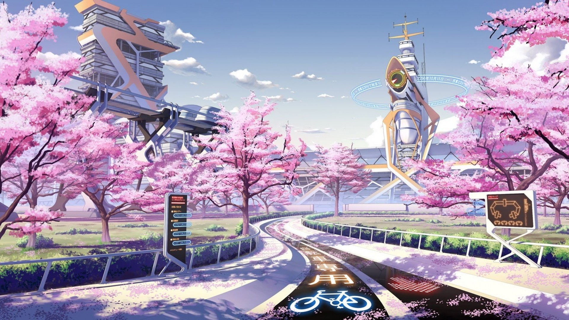 Giappone, Ciliegi in fiore, Anime, Pista ciclabile, Fantascienza, sfondo desktop 1080p