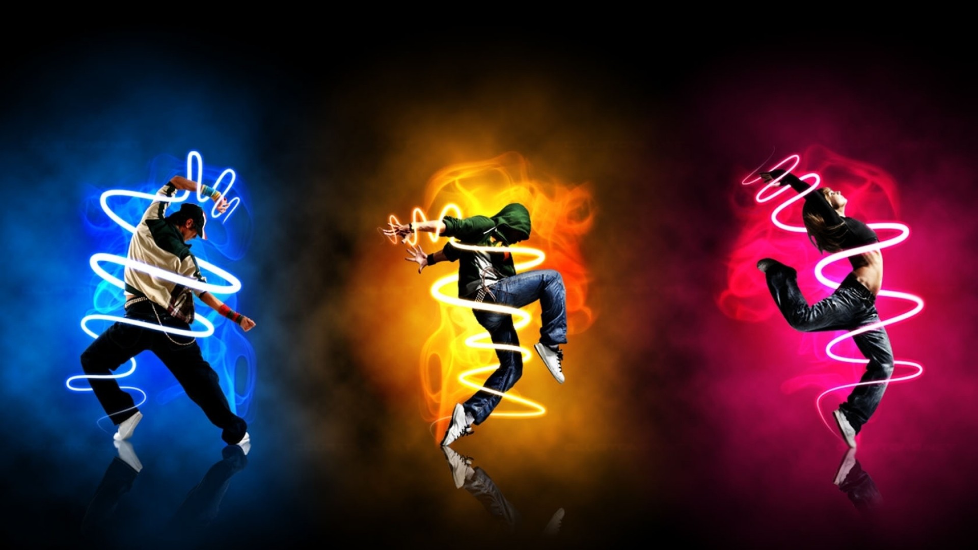 Ballerini hip hop, Scie luminose, Blu, Arancione, Fucsia, Full HD, sfondo desktop