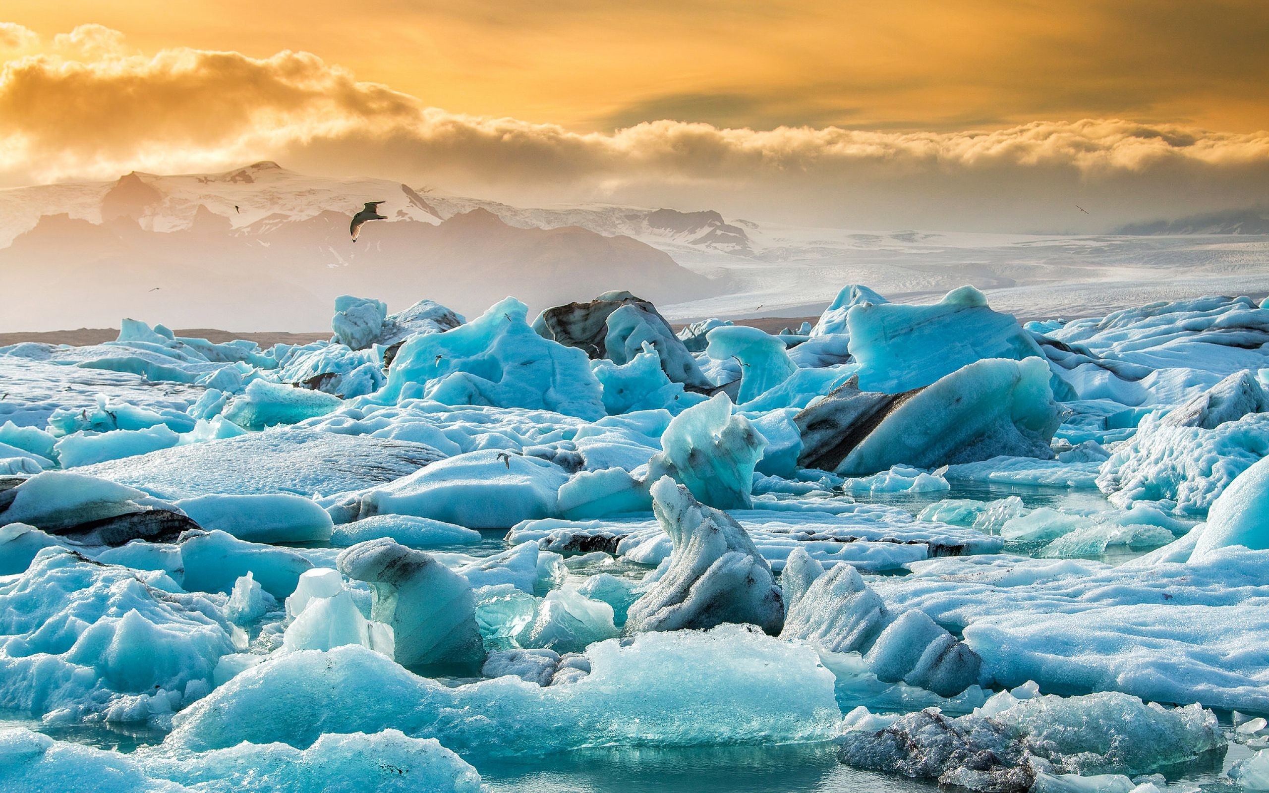 Jökulsárlón, Islanda, Ghiaccio, Tramonto, 2560x1600, sfondo MacBook Pro