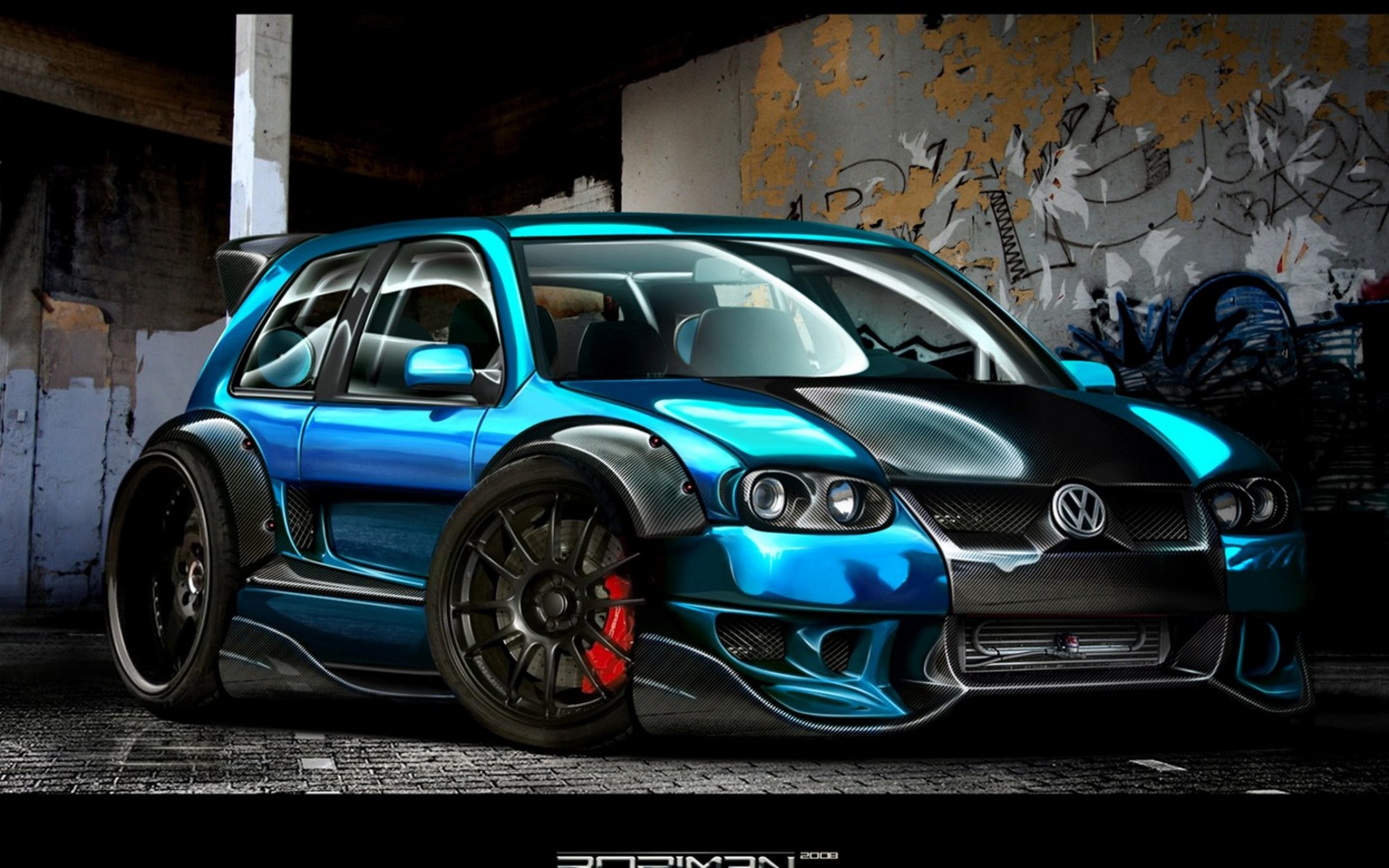 Volkswagen Golf, Auto tuning, Blu, Garage, 2160x1350, sfondo MacBook Pro
