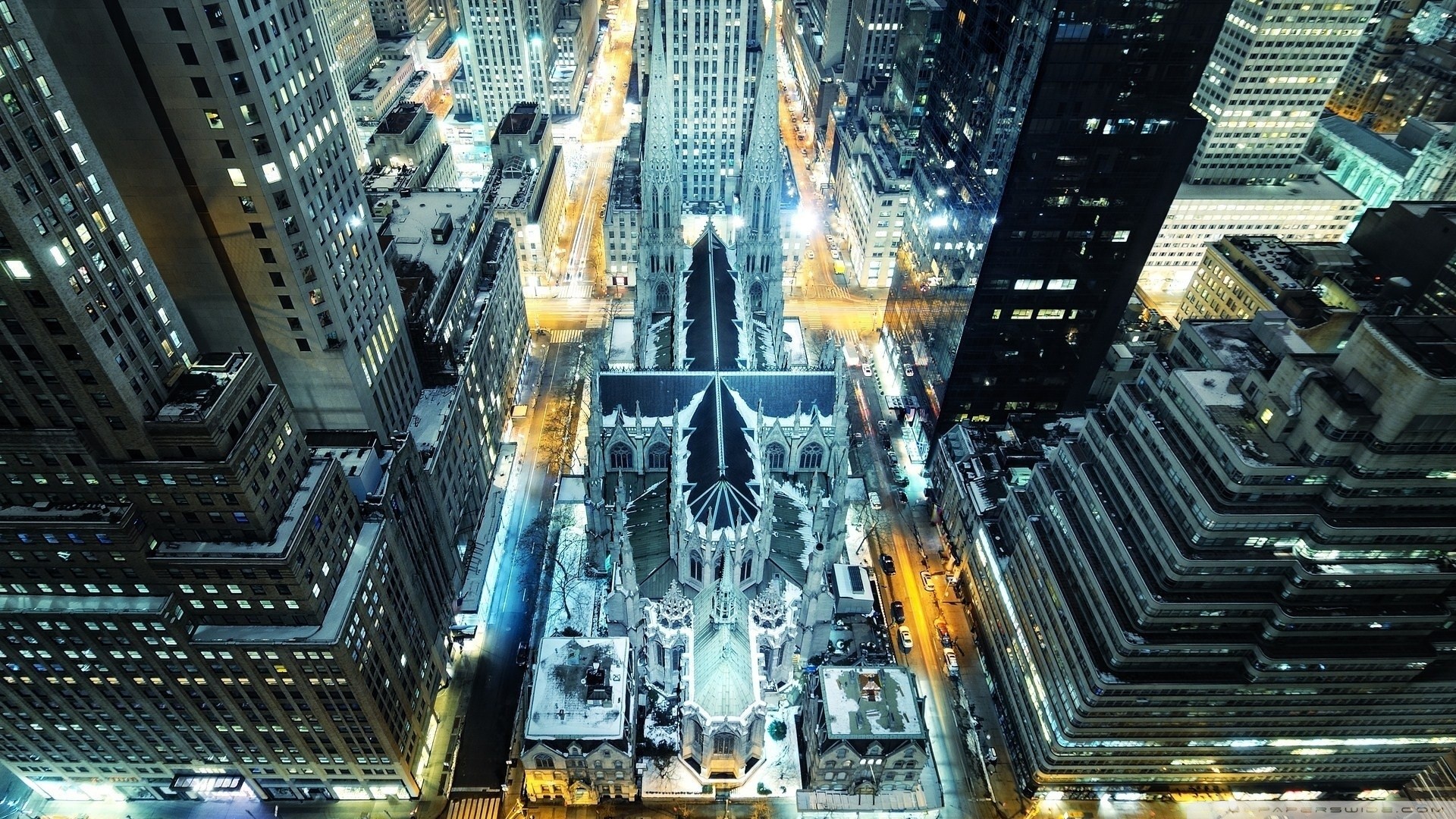 Cattedrale di San Patrizio, Manhattan, New York, Vista dall'alto, Notte, sfondo desktop 1920x1080