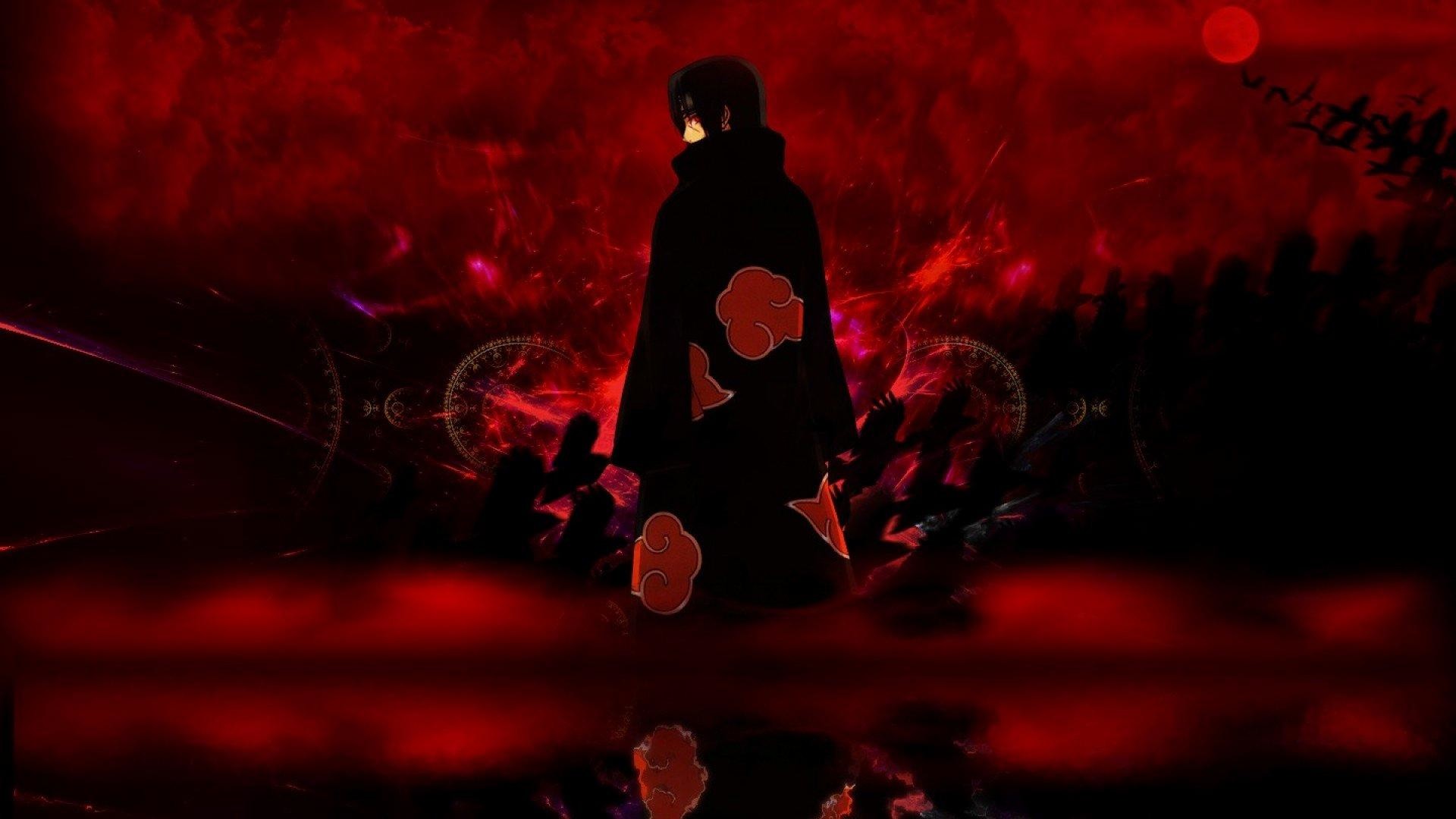 Itachi Uchiha, Akatsuki, Sfondo rosso, Silhouette, 1920x1080, wallpaper desktop
