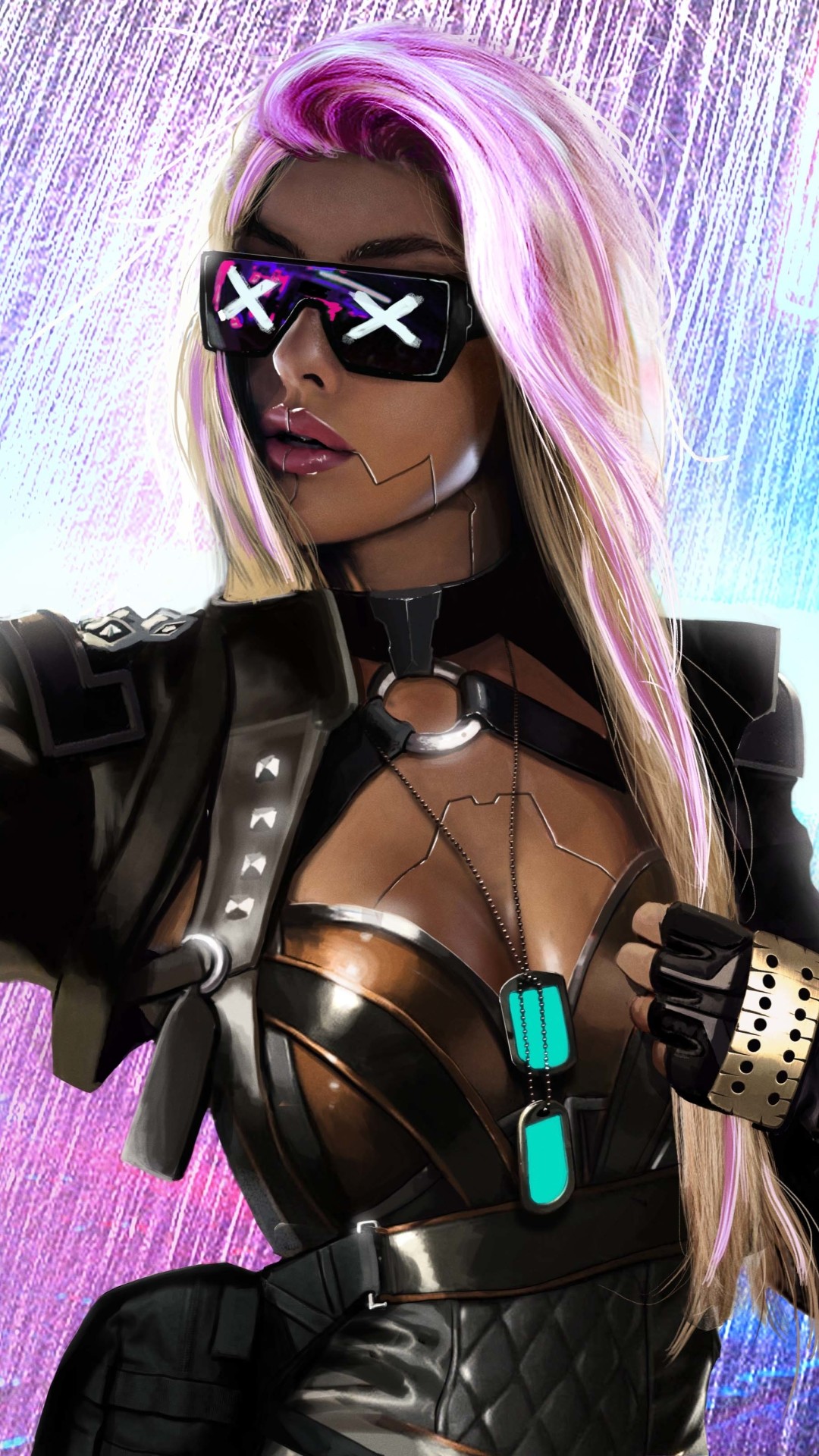 Ragazza cyberpunk, Occhiali, Capelli rosa, Illustrazione, sfondo per iPhone e Android