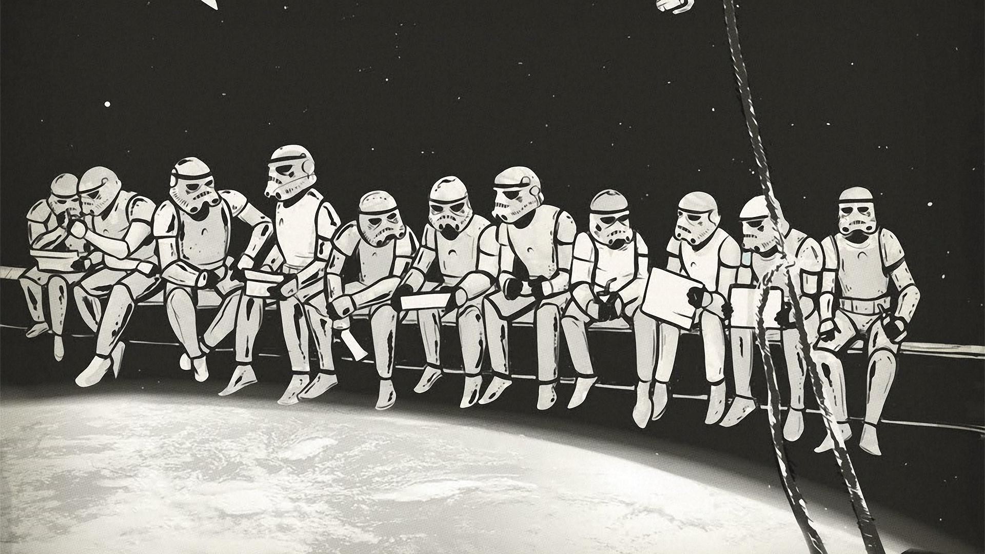 Stormtrooper, Star Wars, Lunch atop a Skyscraper, Parodia, Bianco e nero, immagine di sfondo PC