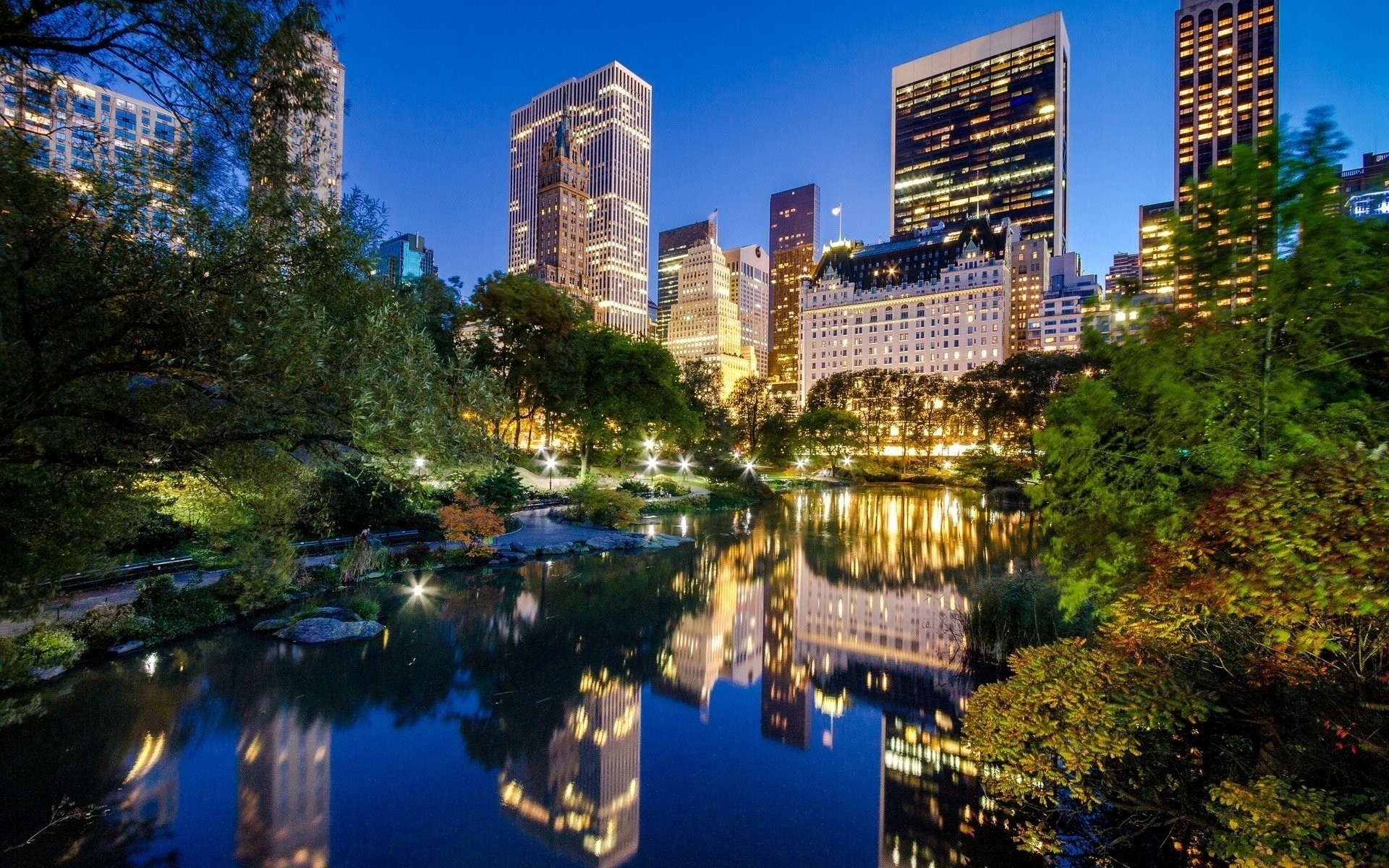 Central Park, The Pond, New York, Riflessi, Notte, 16:10 Full HD, sfondo widescreen