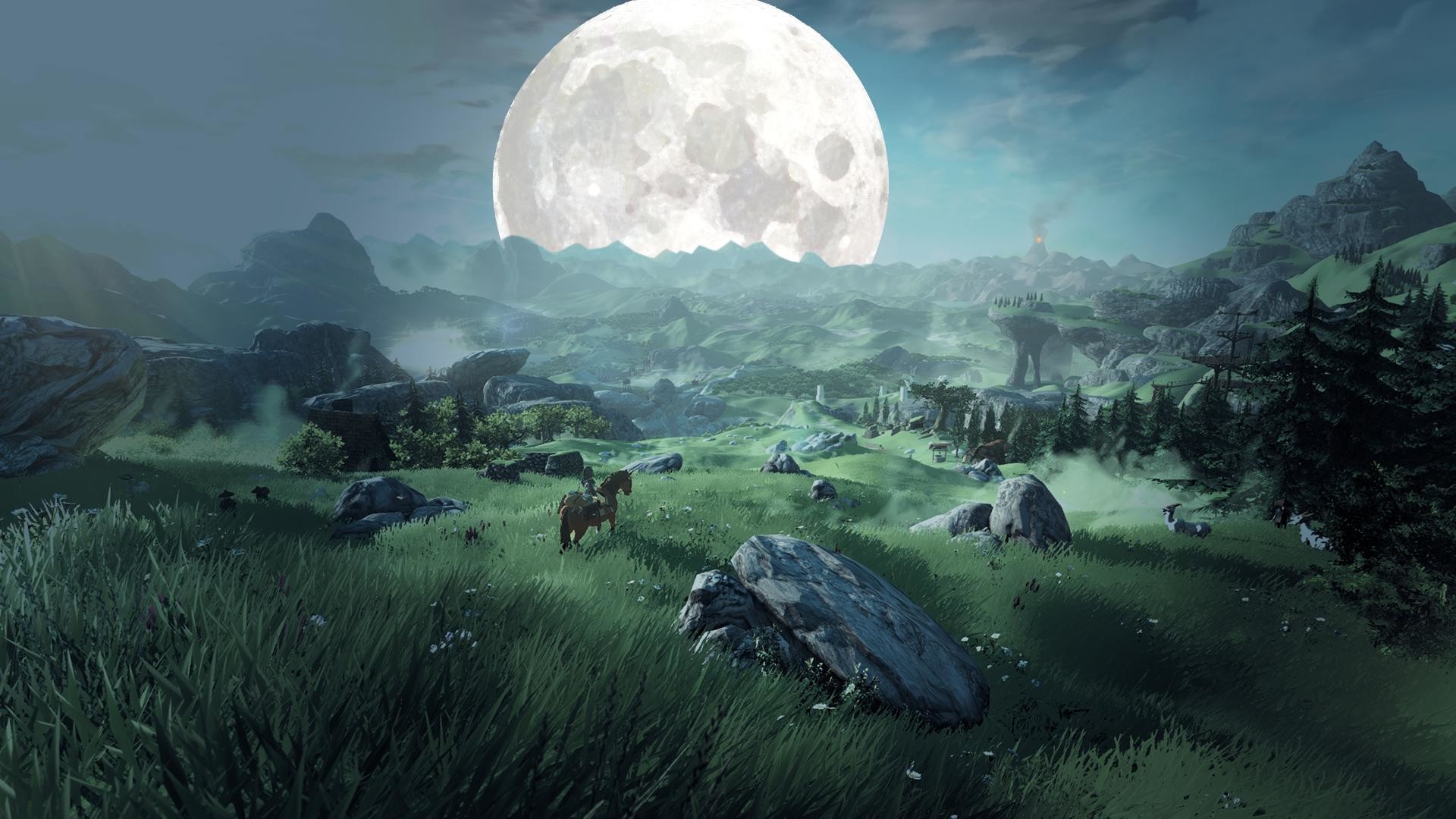 Hyrule, The Legend of Zelda: Breath of the Wild, Luna piena, Prateria, Notte, immagine di sfondo