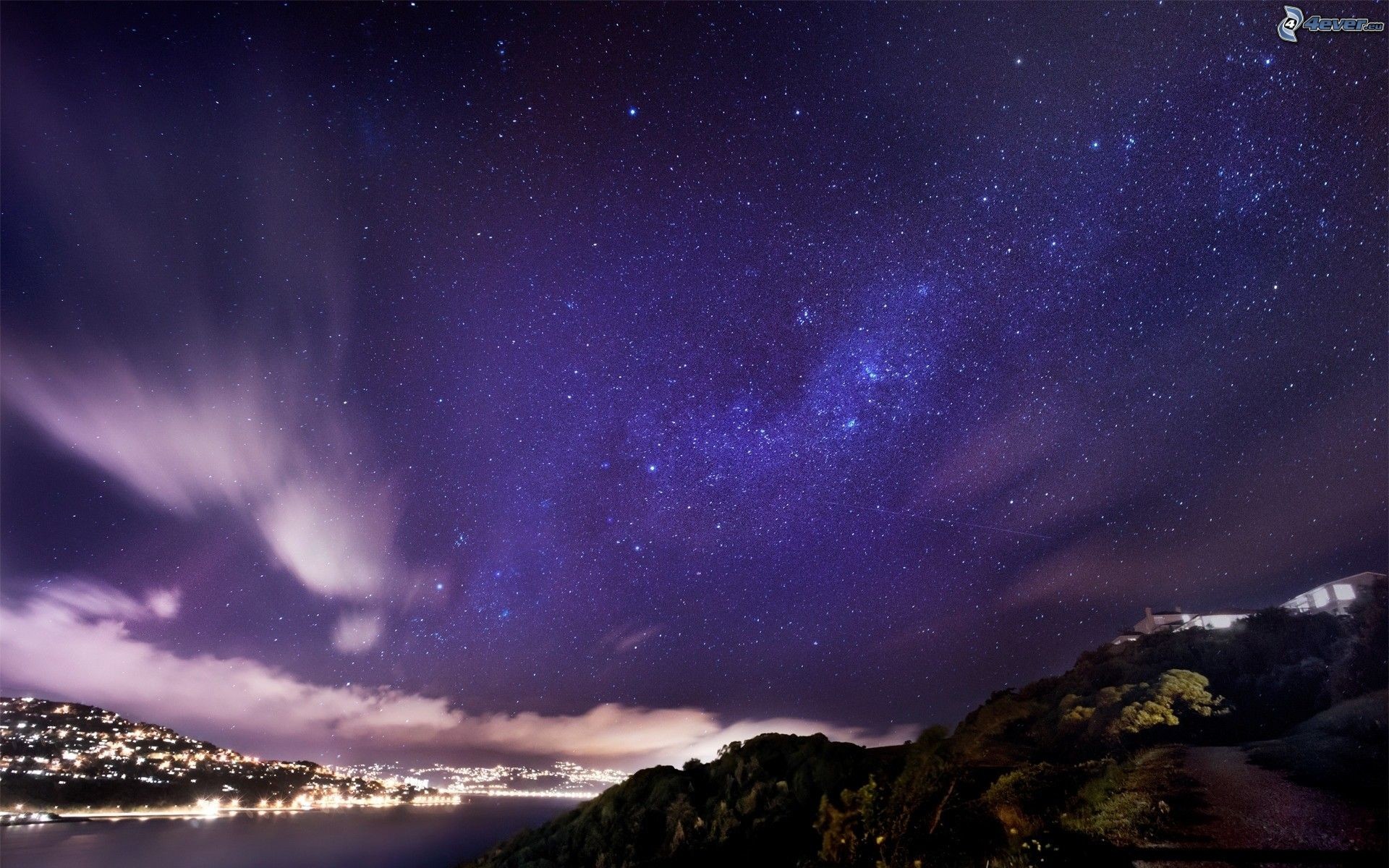 Cielo stellato, Viola, Costa, Luci città, 1920x1200, sfondo per PC