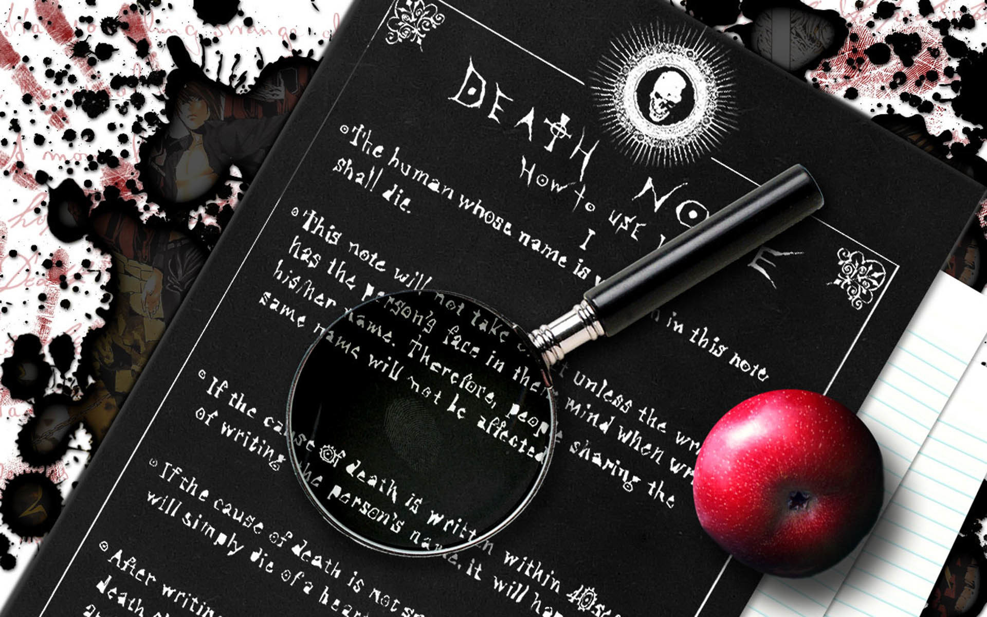 Death Note, Quaderno, Regole, Mela, Penna stilografica, 1920x1200, immagine di sfondo