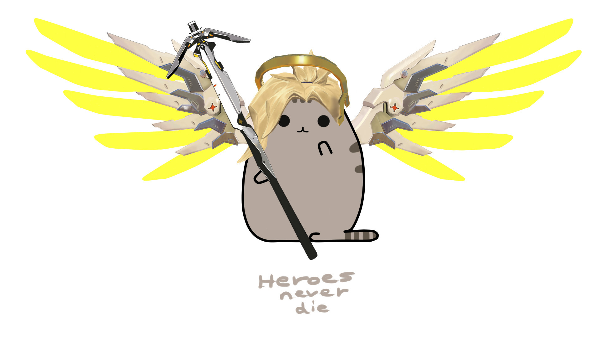 Pusheen, Mercy, Overwatch, Heroes never die, Ali, Full HD, sfondo Windows 11