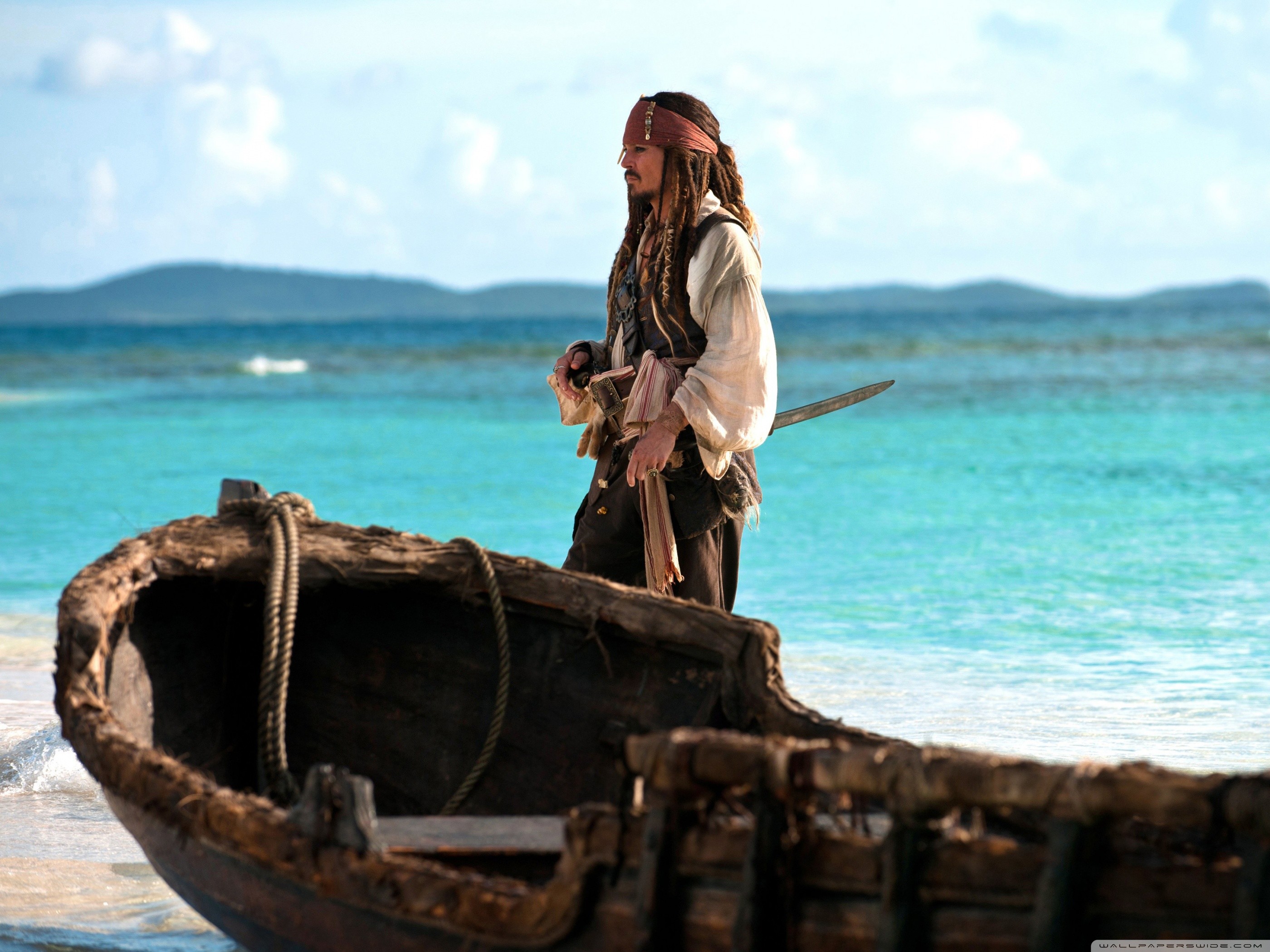 Jack Sparrow, Johnny Depp, Barca, Mare, 2K, sfondo per iPad e tablet