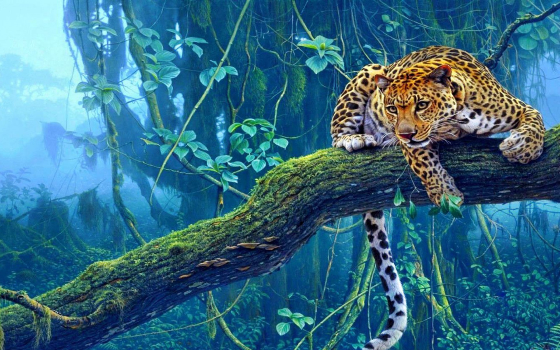 Leopardo, Giungla, Ramo, Arte digitale, Full HD, wallpaper per desktop