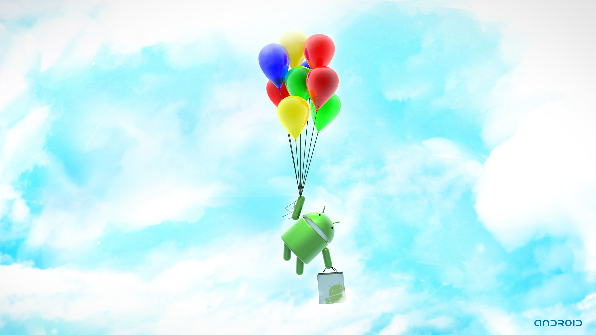 Android, Palloncini, Bugdroid, Cielo, Full HD, sfondo per PC