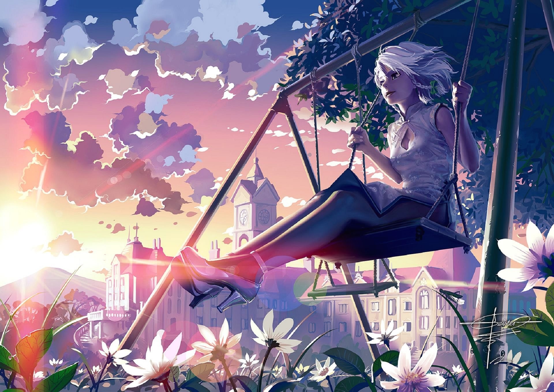 Altalena, Ragazza anime, Tramonto, Fiori, Full HD, sfondo Windows 11