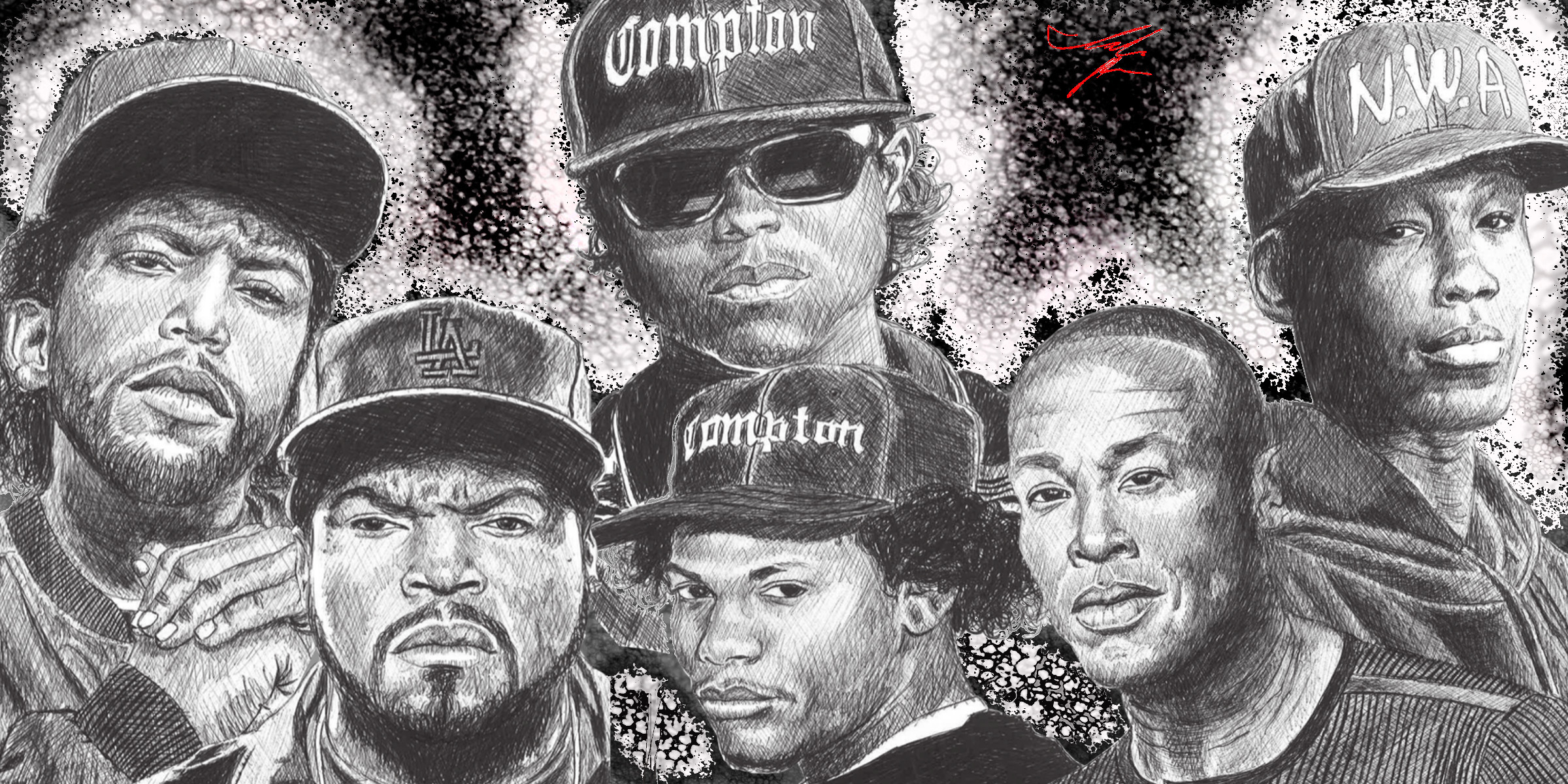 N.W.A, Ice Cube, Eazy-E, Dr. Dre, MC Ren, DJ Yella, Disegno a matita, sfondo per portatile