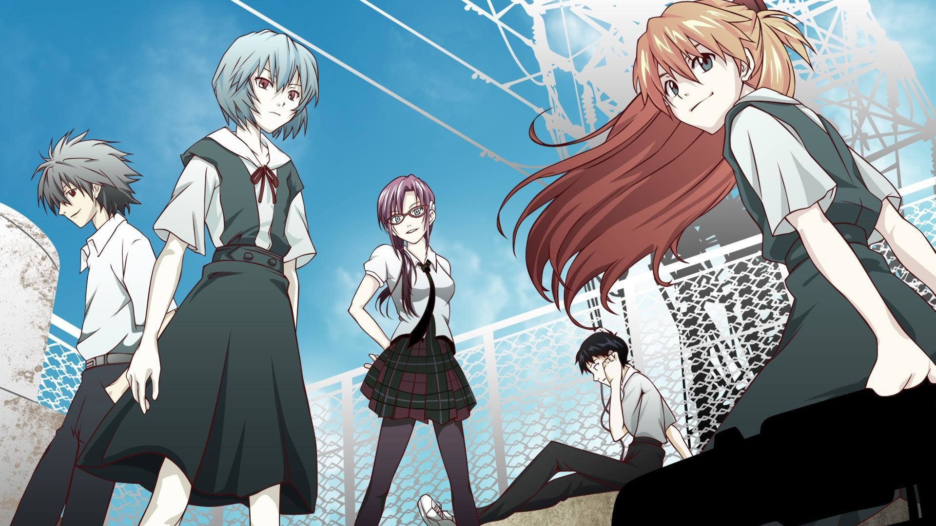 Rei Ayanami, Asuka Langley Soryu, Mari Makinami, Shinji Ikari, Kaworu Nagisa, Neon Genesis Evangelion, Uniforme scolastica, sfondo 1080p