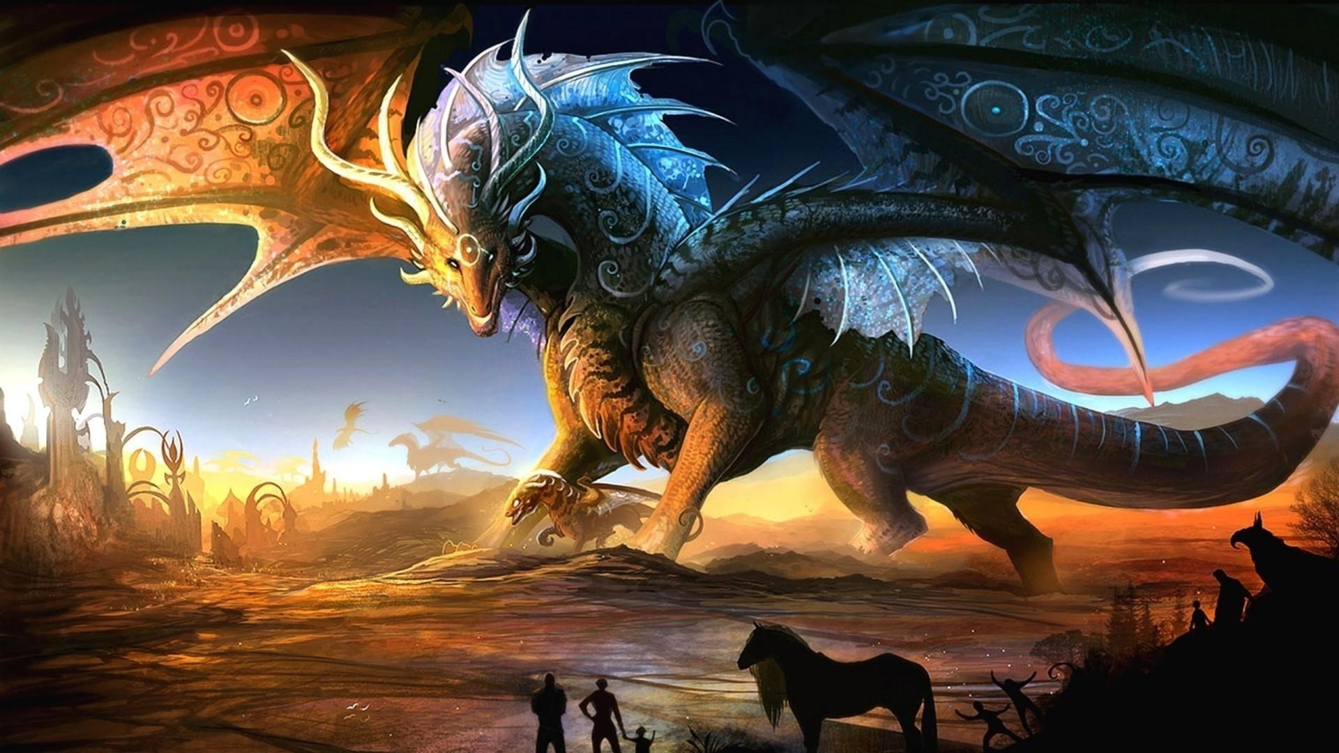 Drago, Arte fantasy, Cavallo, Illustrazione, 16:9 Full HD, sfondo widescreen