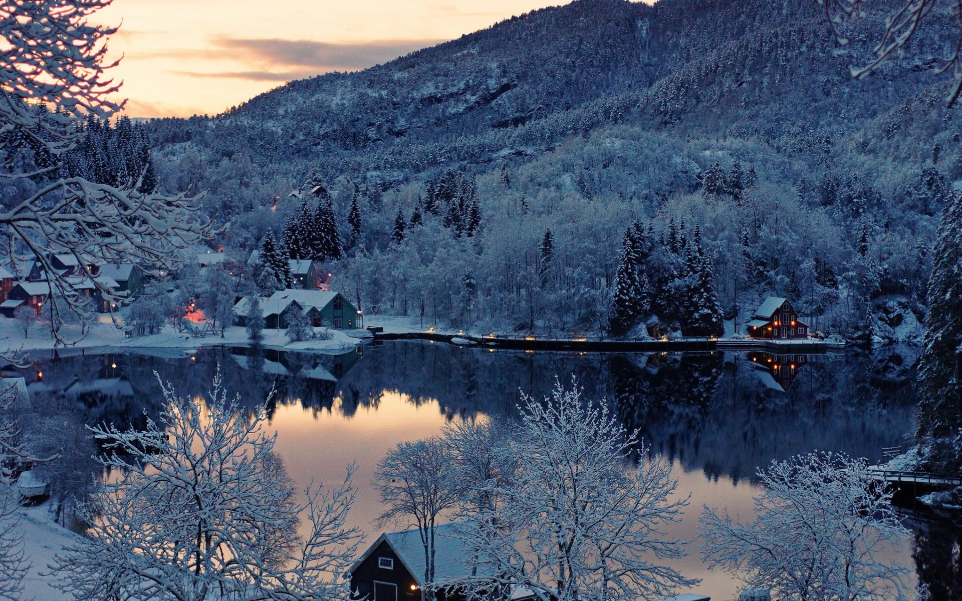Lago, Villaggio, Montagne, Brina, Crepuscolo, 16:10 Full HD, sfondo widescreen