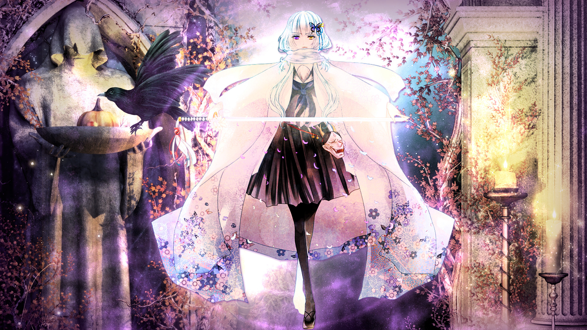Ragazza anime, Kimono, Fiori, Fantasy, Viola, Full HD, sfondo per PC e portatile