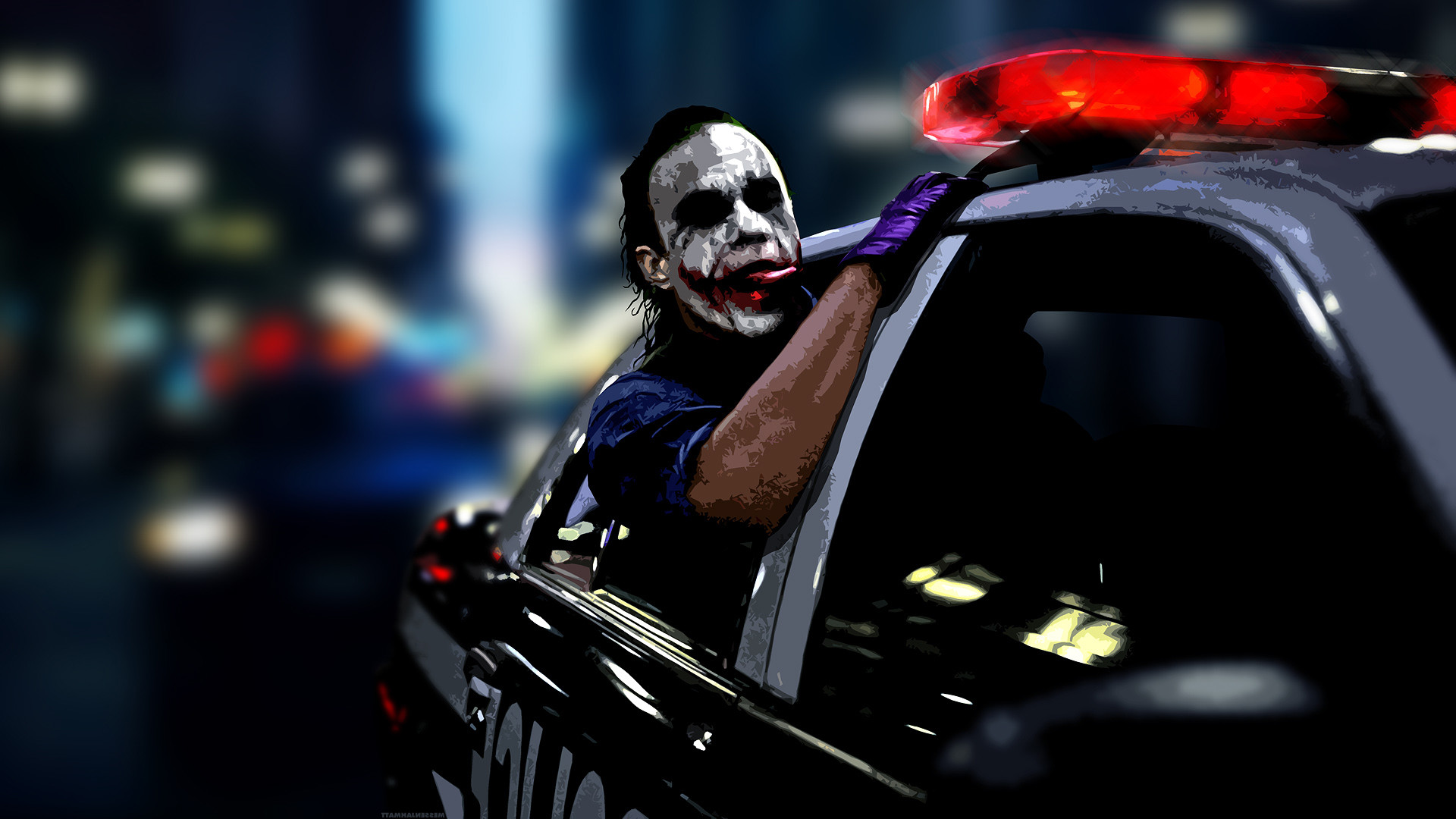 Joker, Heath Ledger, Il cavaliere oscuro, Auto della polizia, Finestrino, sfondo Full HD per portatile