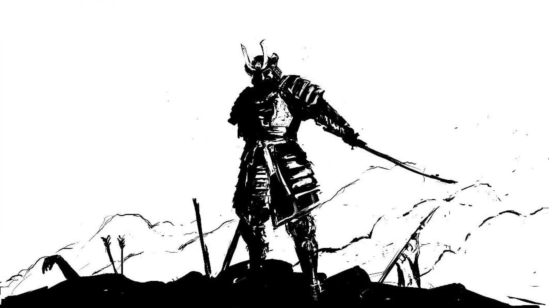 Samurai, Inchiostro, Bianco e nero, Katana, Full HD, wallpaper desktop