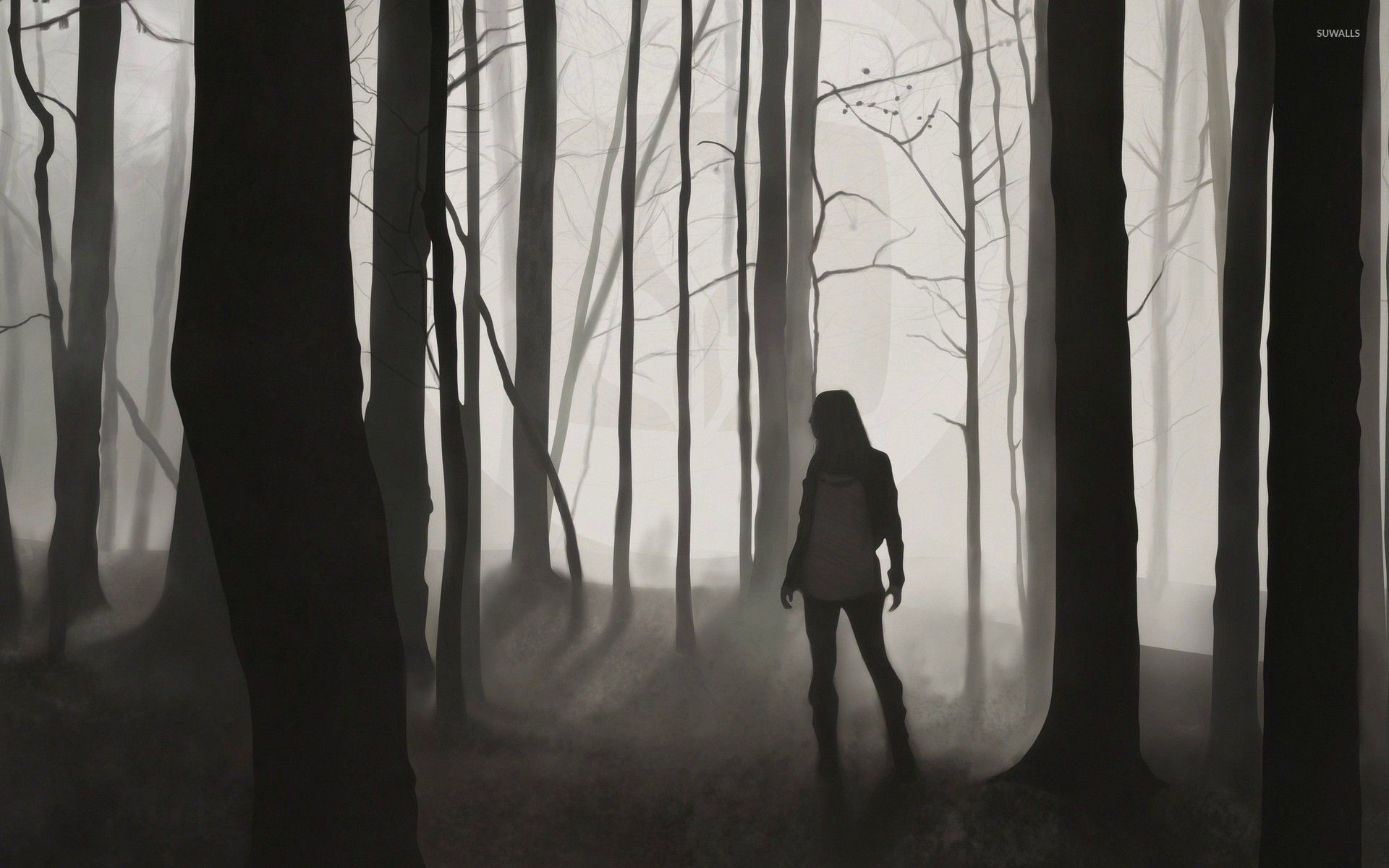 Bosco nebbioso, Figura solitaria, Silhouette, Toni grigi, 1920x1200, sfondo per PC