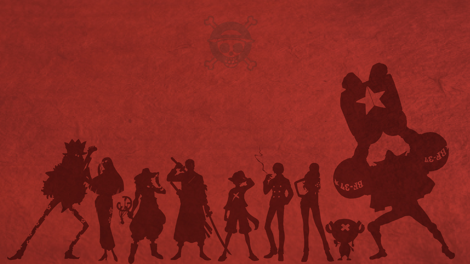 Ciurma di Cappello di paglia, One Piece, Silhouette, Sfondo rosso, wallpaper 1920x1080