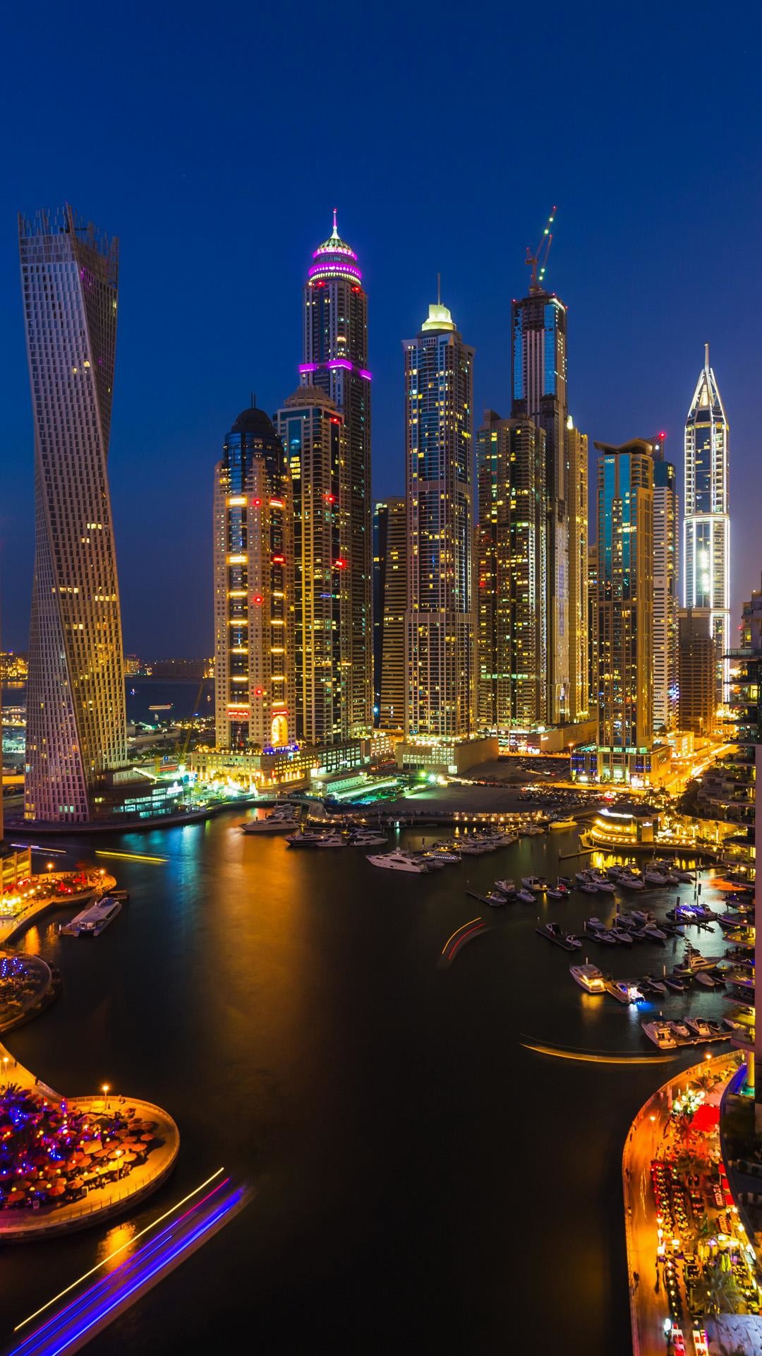 Dubai Marina, Dubai, Grattacieli, Notte, Skyline, Full HD, sfondo iPhone 6S