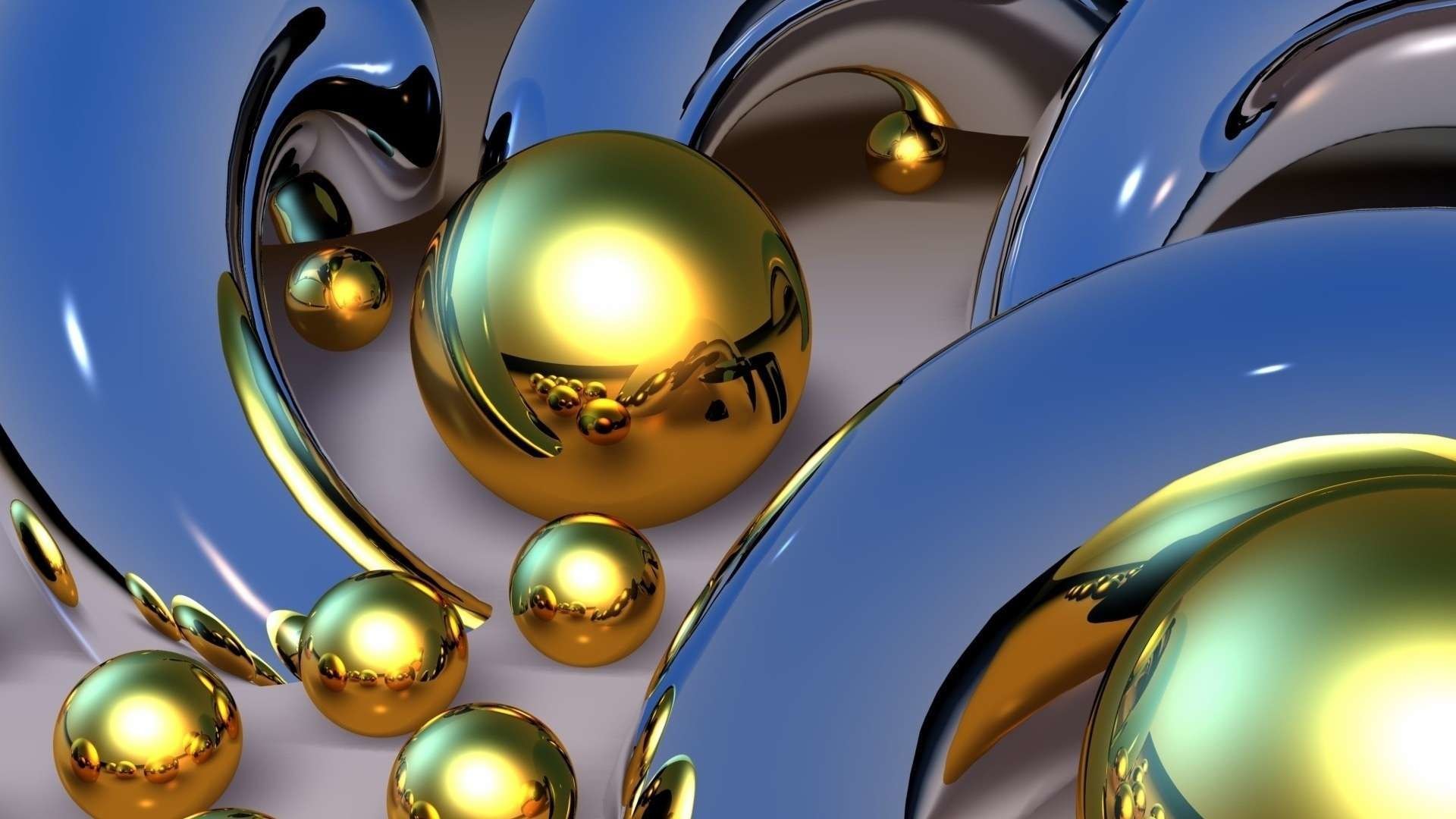 Sfere dorate, Cromato, Rendering 3D, Astratto, 16:9 Full HD, sfondo widescreen