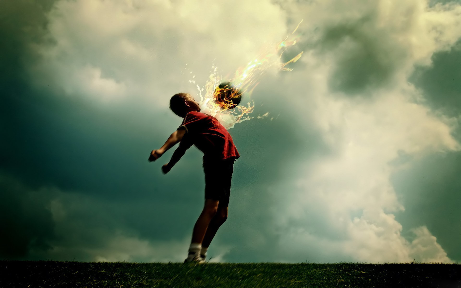 Calciatore, Rovesciata, Pallone in fiamme, Cielo nuvoloso, 1920x1200, sfondo per PC