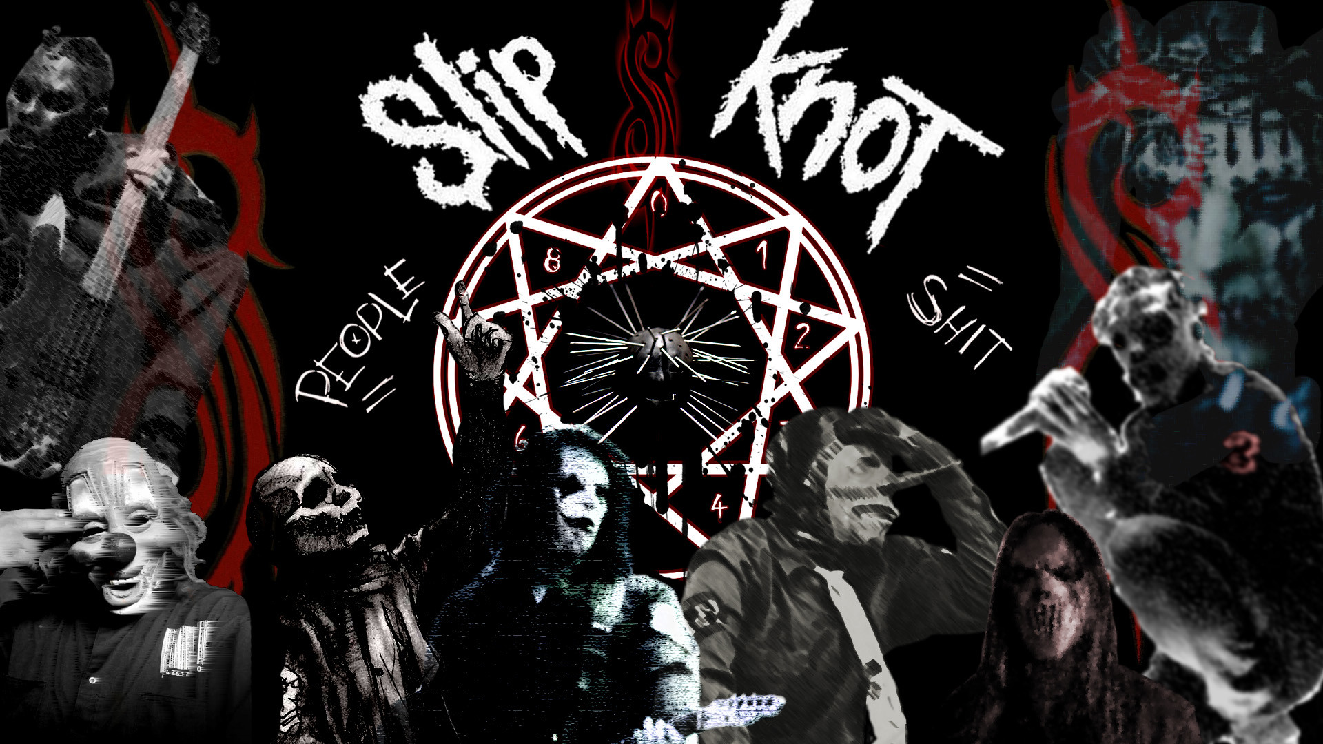 Slipknot, People = Shit, Nonagramma, Collage, Maschere, 1920x1080, sfondo per PC