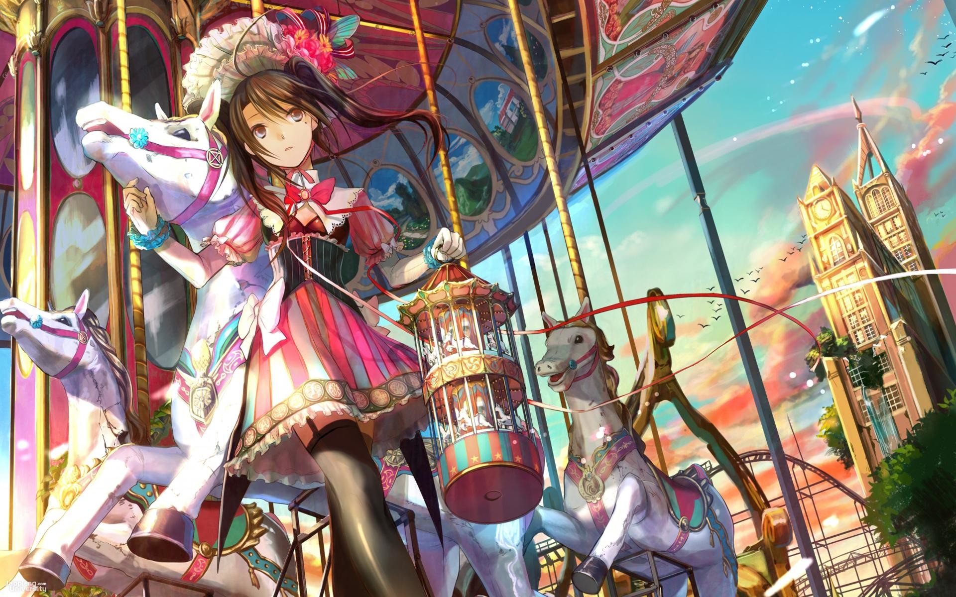 Ragazza anime, Giostra, Cavalli, Gabbia, Steampunk, 1920x1200, immagine di sfondo