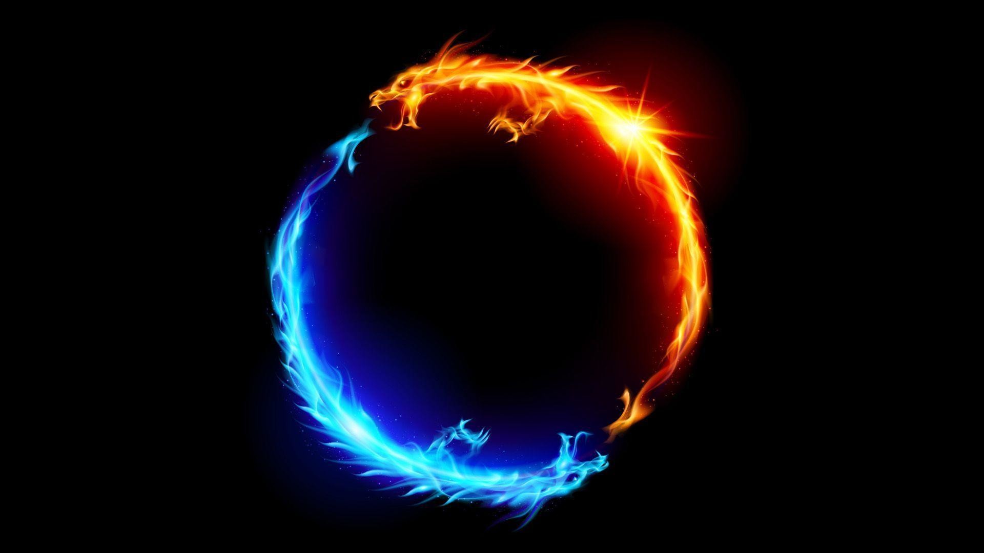 Yin e yang, Draghi, Fuoco e ghiaccio, Sfondo nero, Full HD, wallpaper per computer