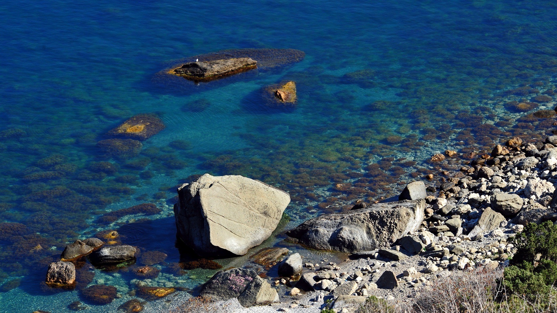 Mare cristallino, Costa rocciosa, Scogli, Blu, Full HD, sfondo per portatile