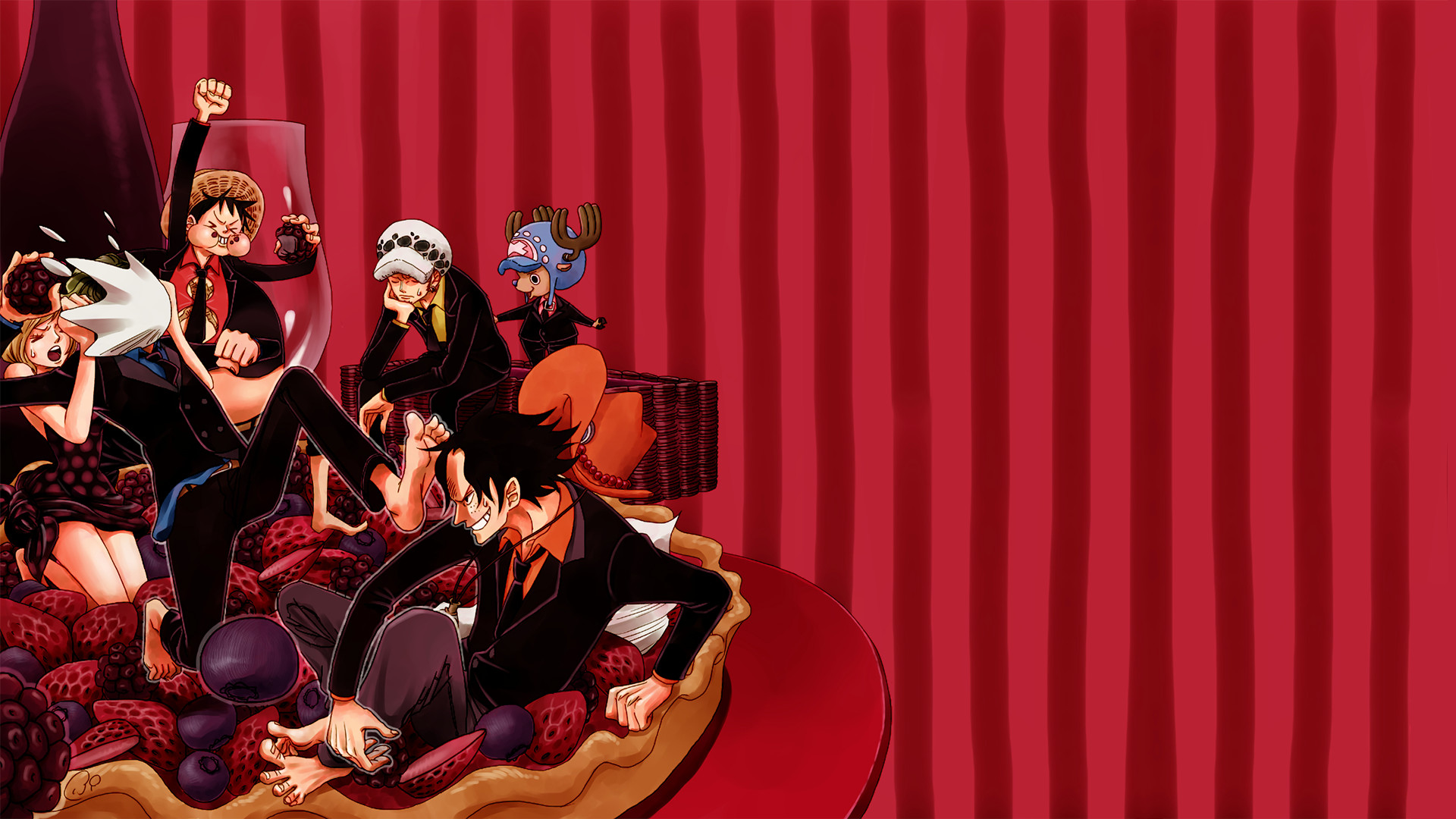Ciurma di Cappello di paglia, Trafalgar Law, One Piece, Sfondo rosso, wallpaper desktop Full HD