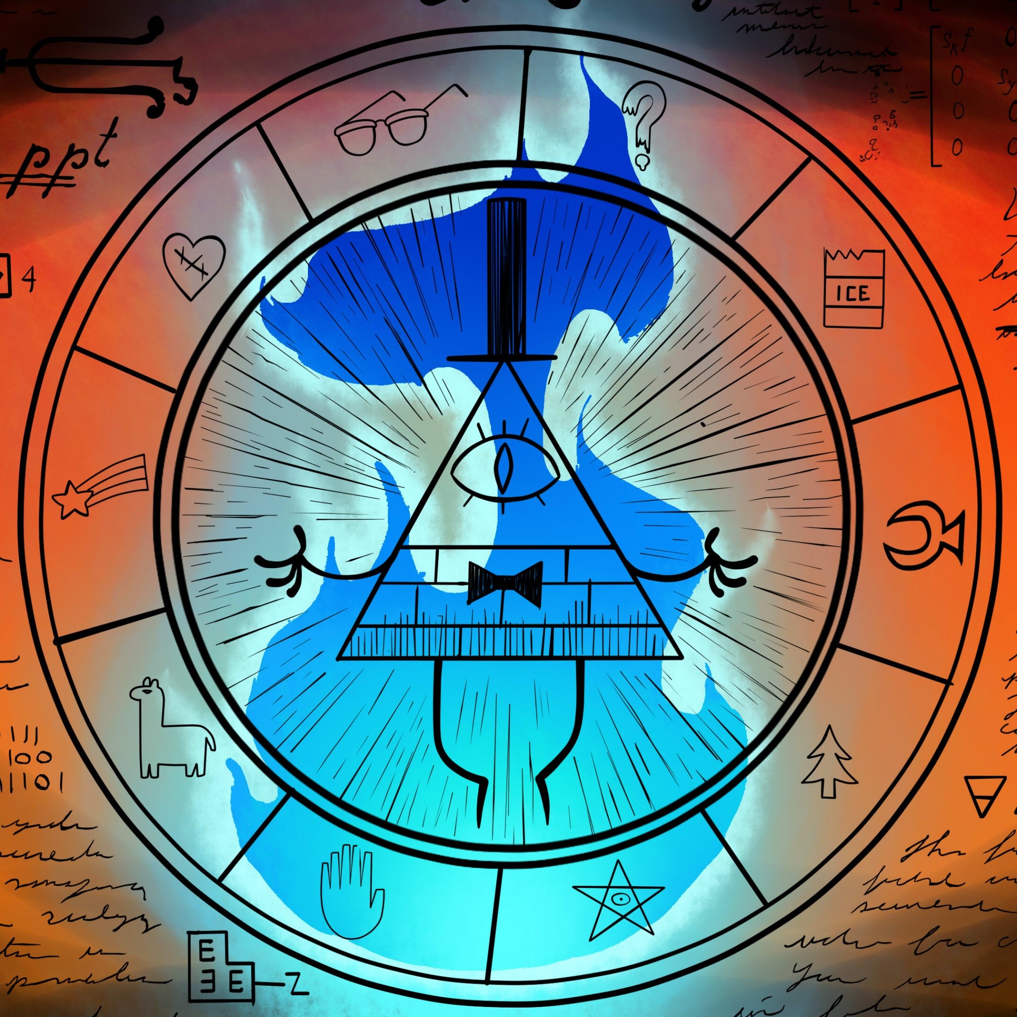 Bill Cipher, Ruota di Bill, Gravity Falls, Blu, Arancione, Full HD, schermata di blocco iPad