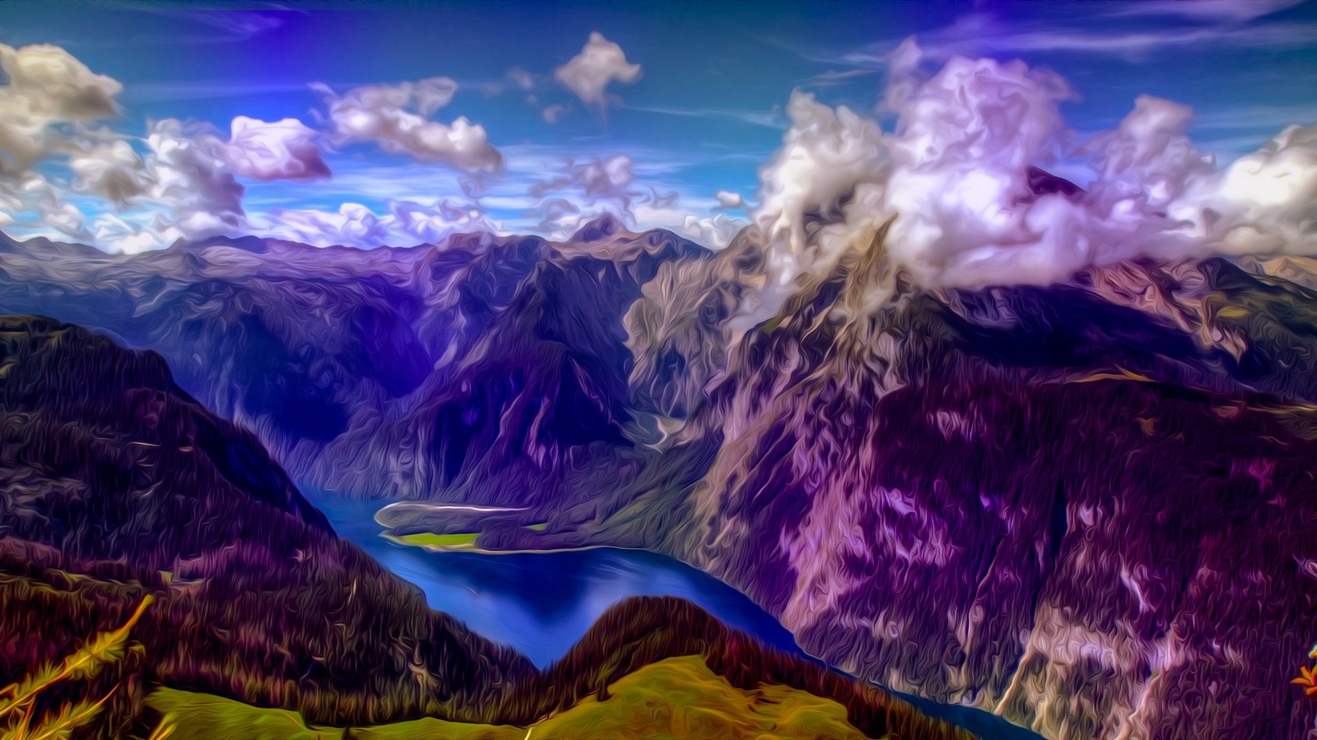 Montagne, Nuvole, Effetto pittorico, Viola, Valle, 1920x1080, sfondo per PC