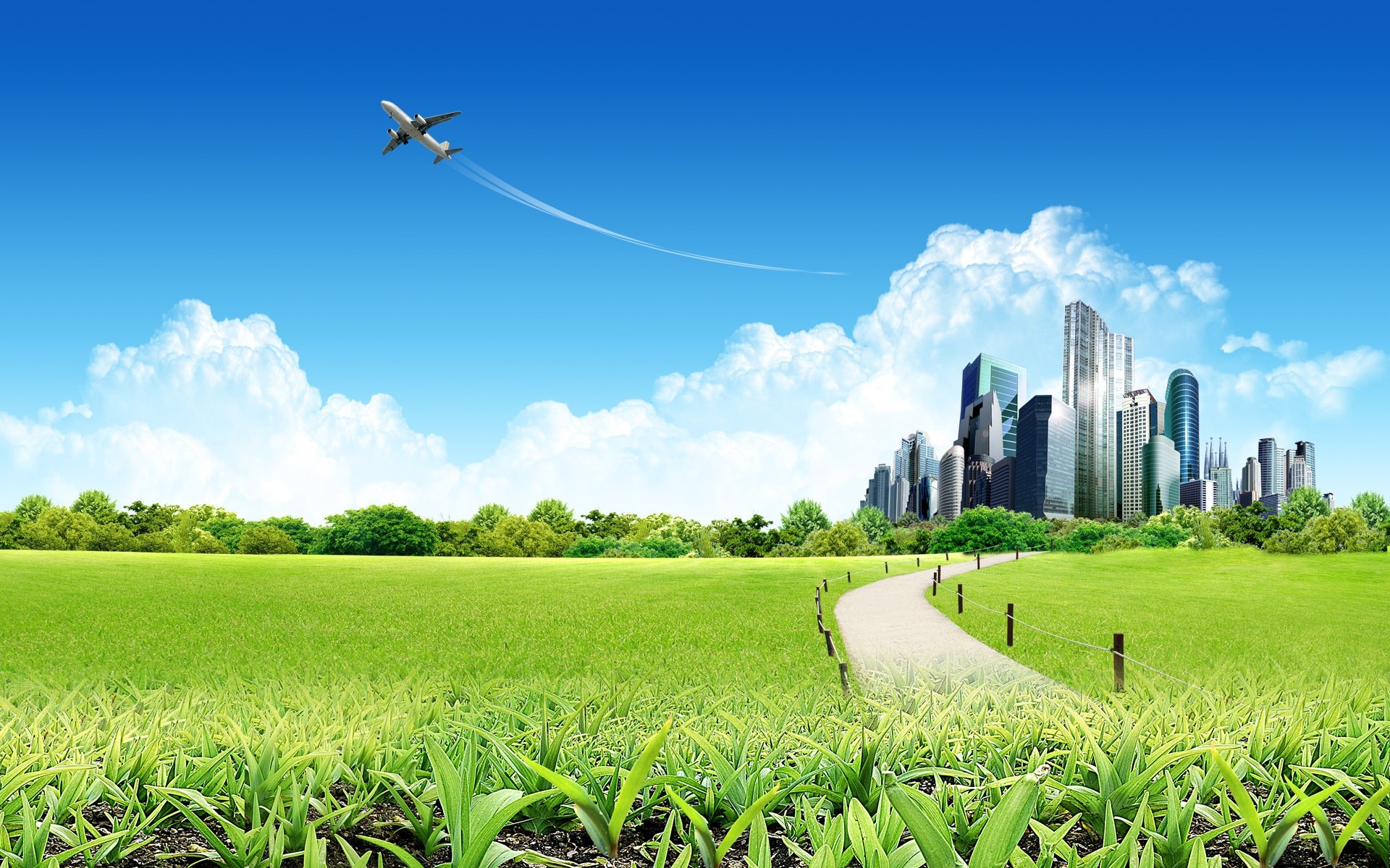Città del futuro, Prato verde, Grattacieli, Aereo, Cielo azzurro, sfondo MacBook Air