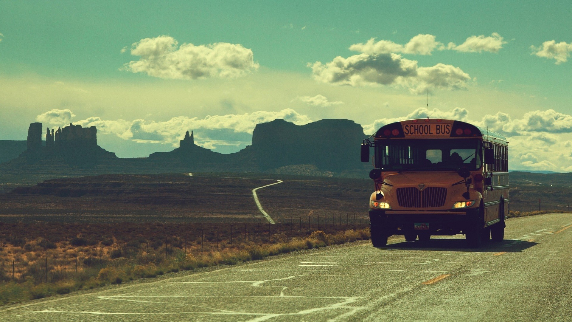 Scuolabus, Monument Valley, Strada, Deserto, Effetto vintage, Full HD, sfondo per PC e portatile