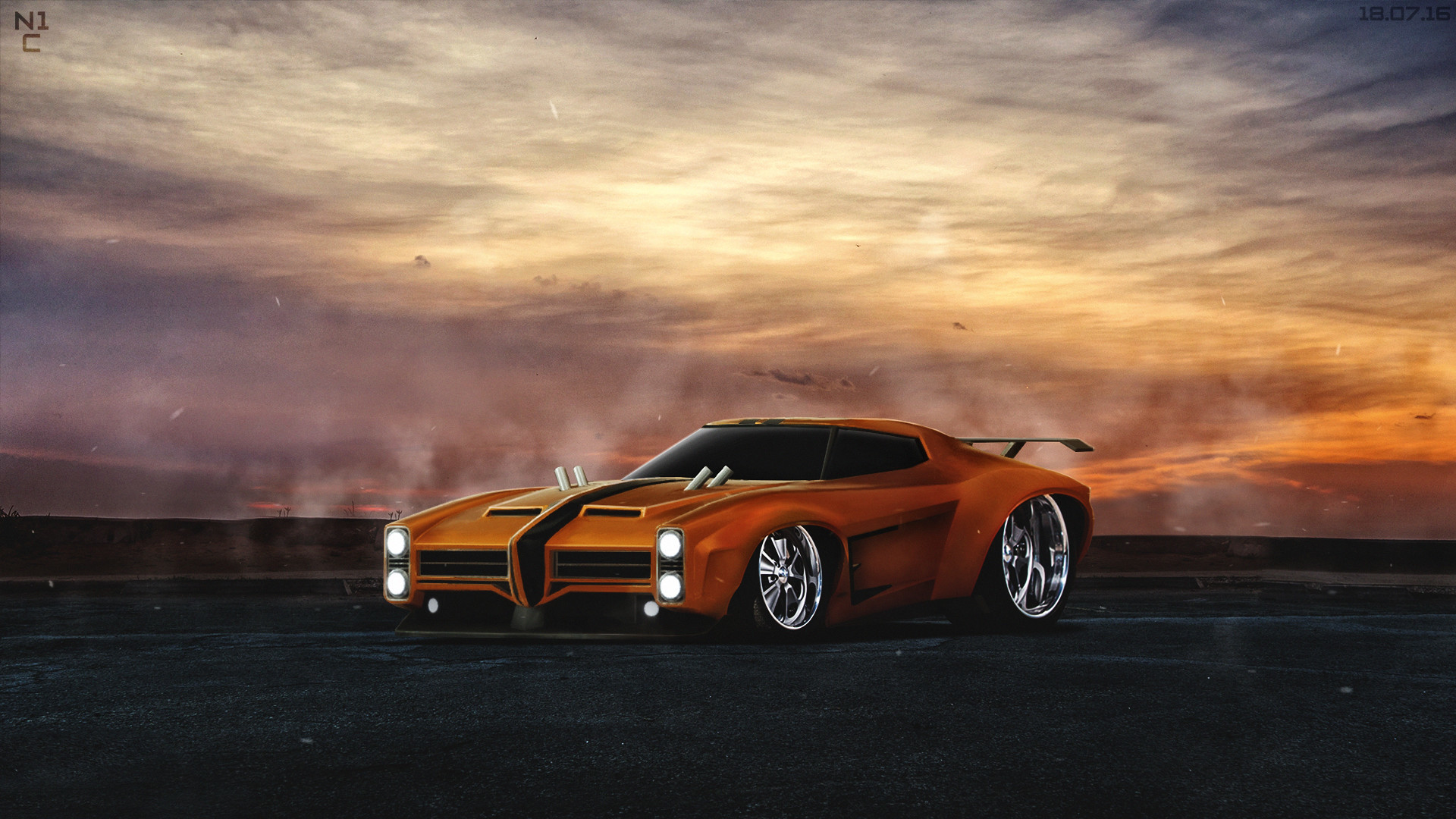 Rocket League, Dominus, Auto arancione, Tramonto, 16:9 Full HD, sfondo widescreen