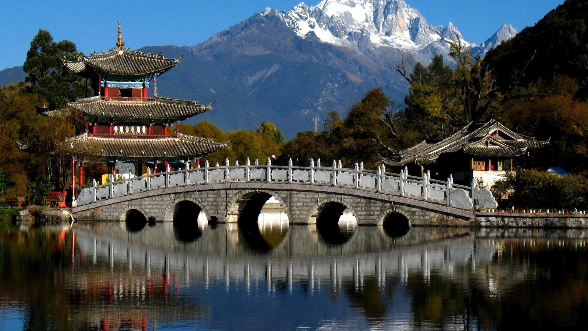 Stagno del Drago Nero, Lijiang, Monte del Drago di Giada, Yunnan, Cina, Ponte ad archi, wallpaper desktop