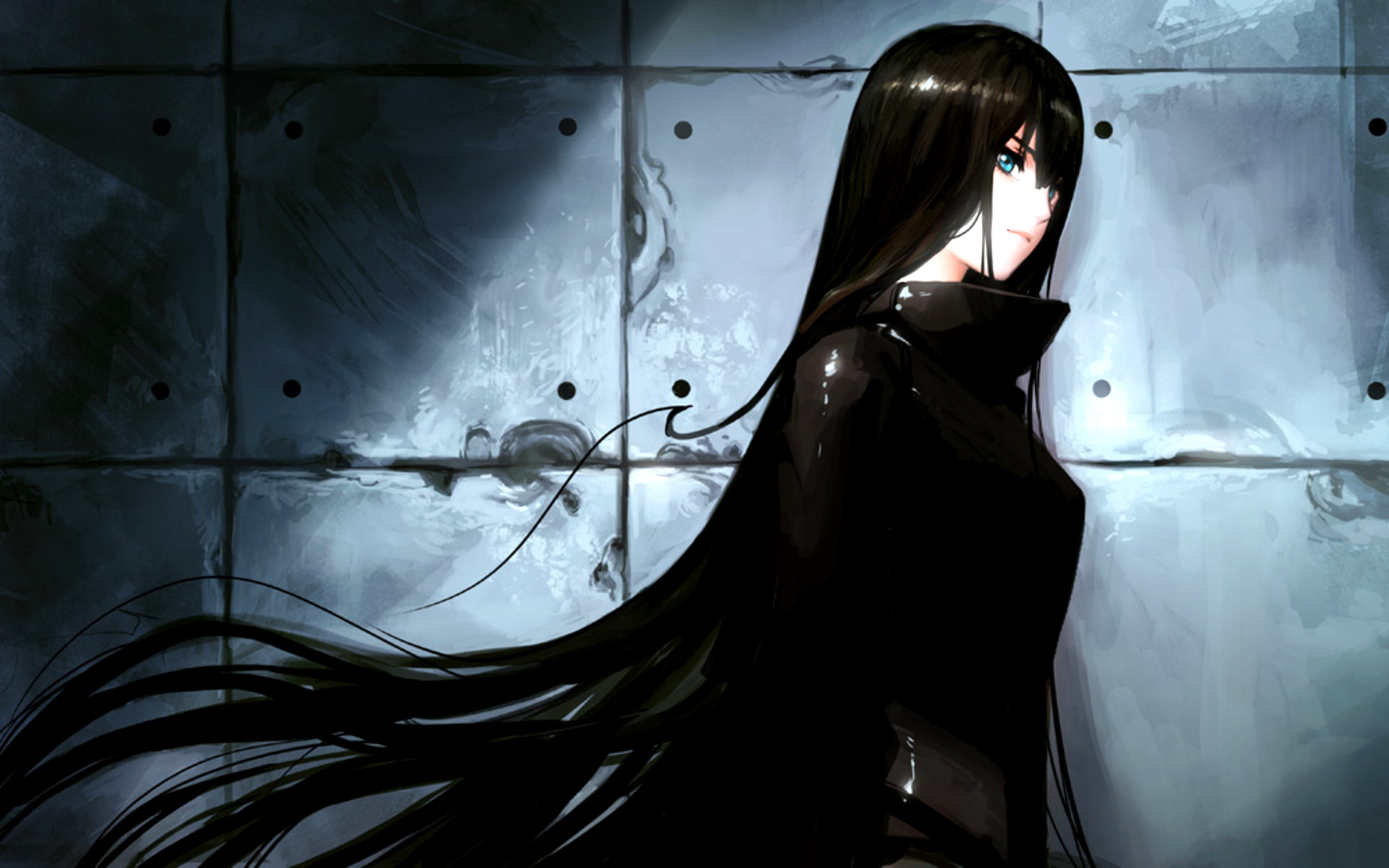 Ragazza anime, Capelli neri lunghi, Cappotto nero, Muro di cemento, Toni freddi, sfondo 2K